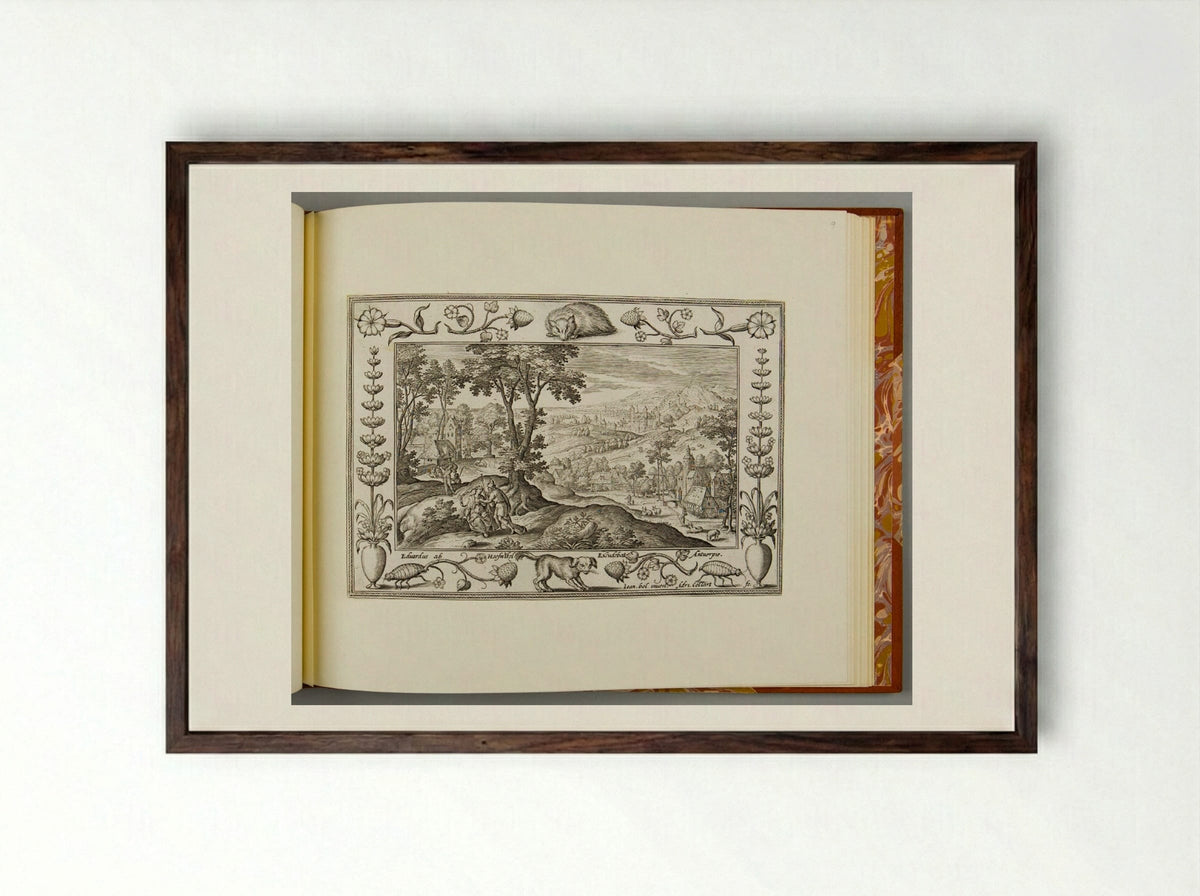 Traveler with Cap and Staff Encounters a Woman, with Badger and Dog - Adriaen Collaert - Framed Print Dark Wood