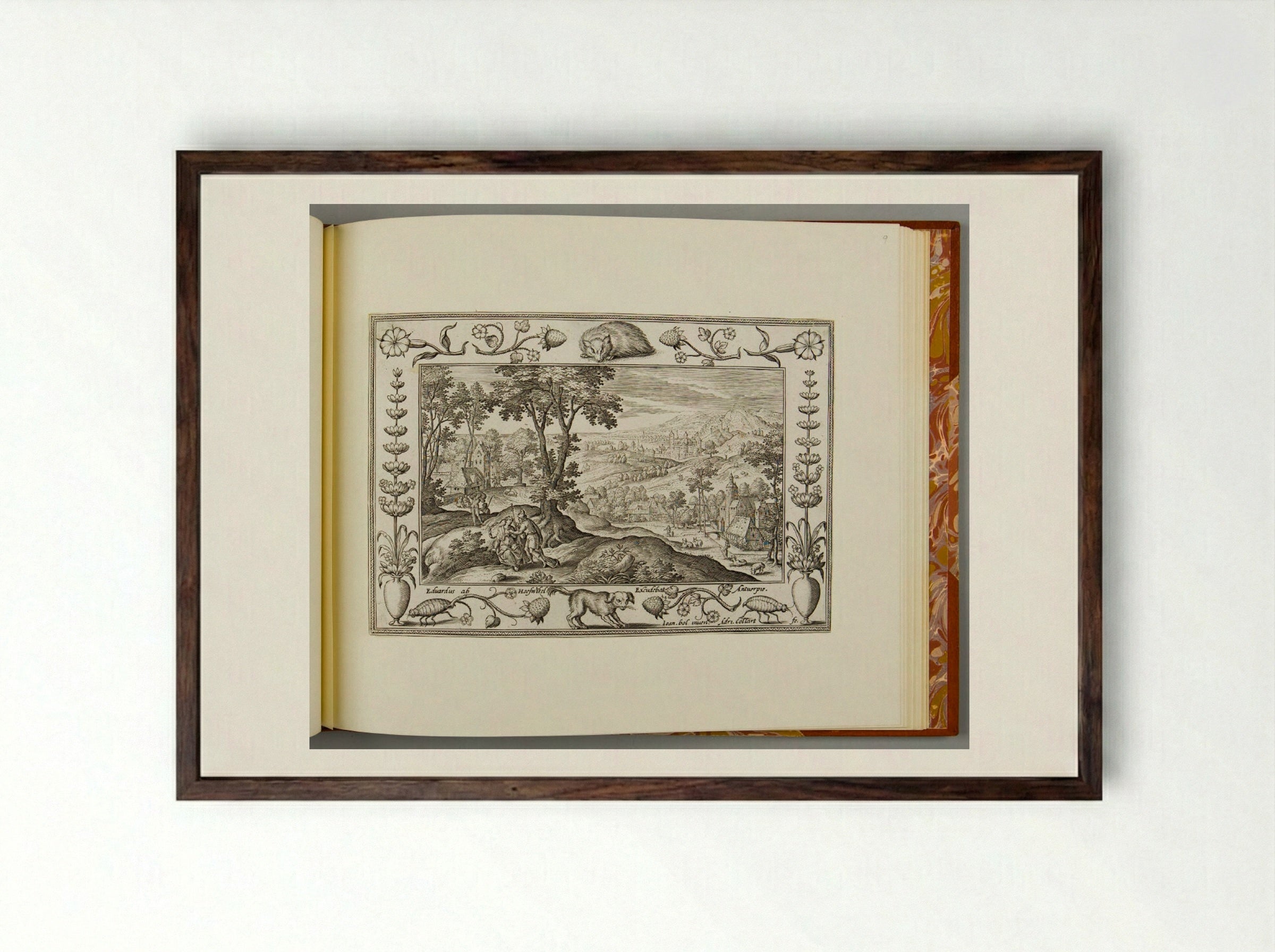 Traveler with Cap and Staff Encounters a Woman, with Badger and Dog - Adriaen Collaert - Framed Print Dark Wood