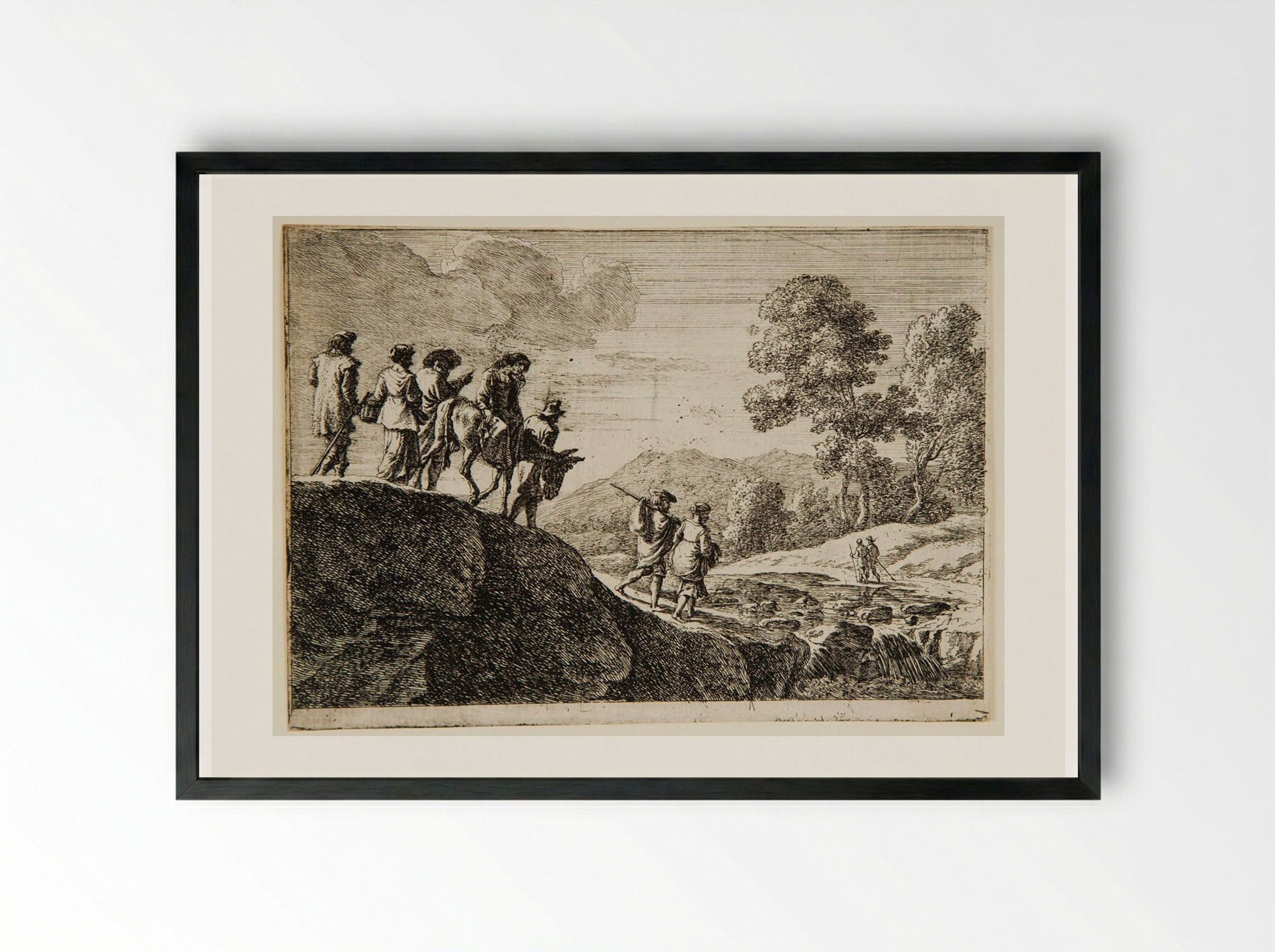 Travelers Descending a Hill - Herman van Swanevelt - Framed Print Black