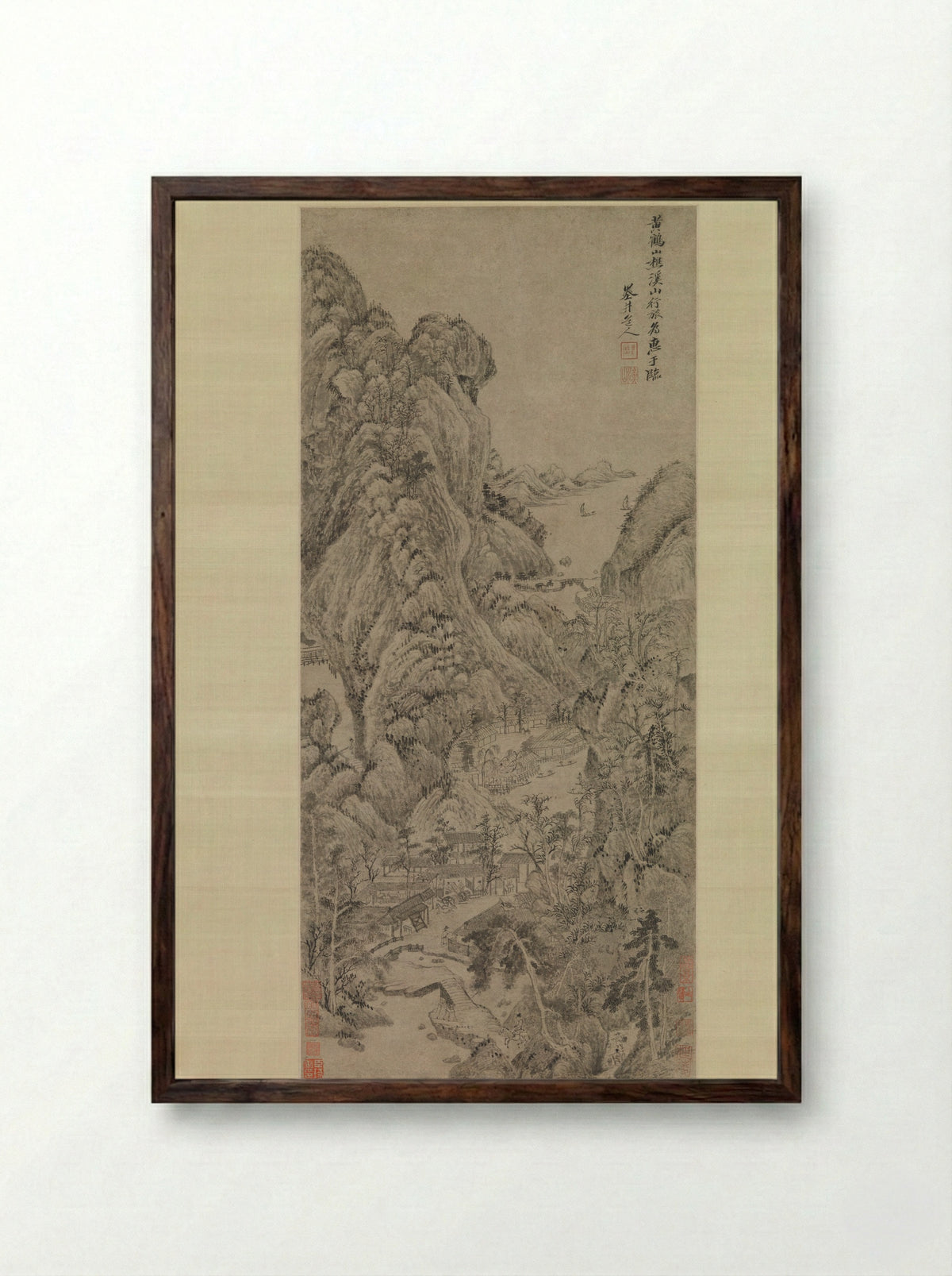 Travelers among Streams and Mountains - Wu Li - Framed Print Dark Wood