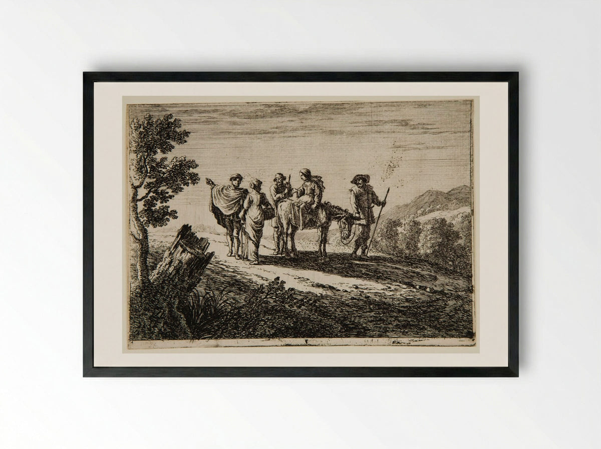 Travelers in a Landscape with a Large Stump at Left - Herman van Swanevelt - Framed Print Black