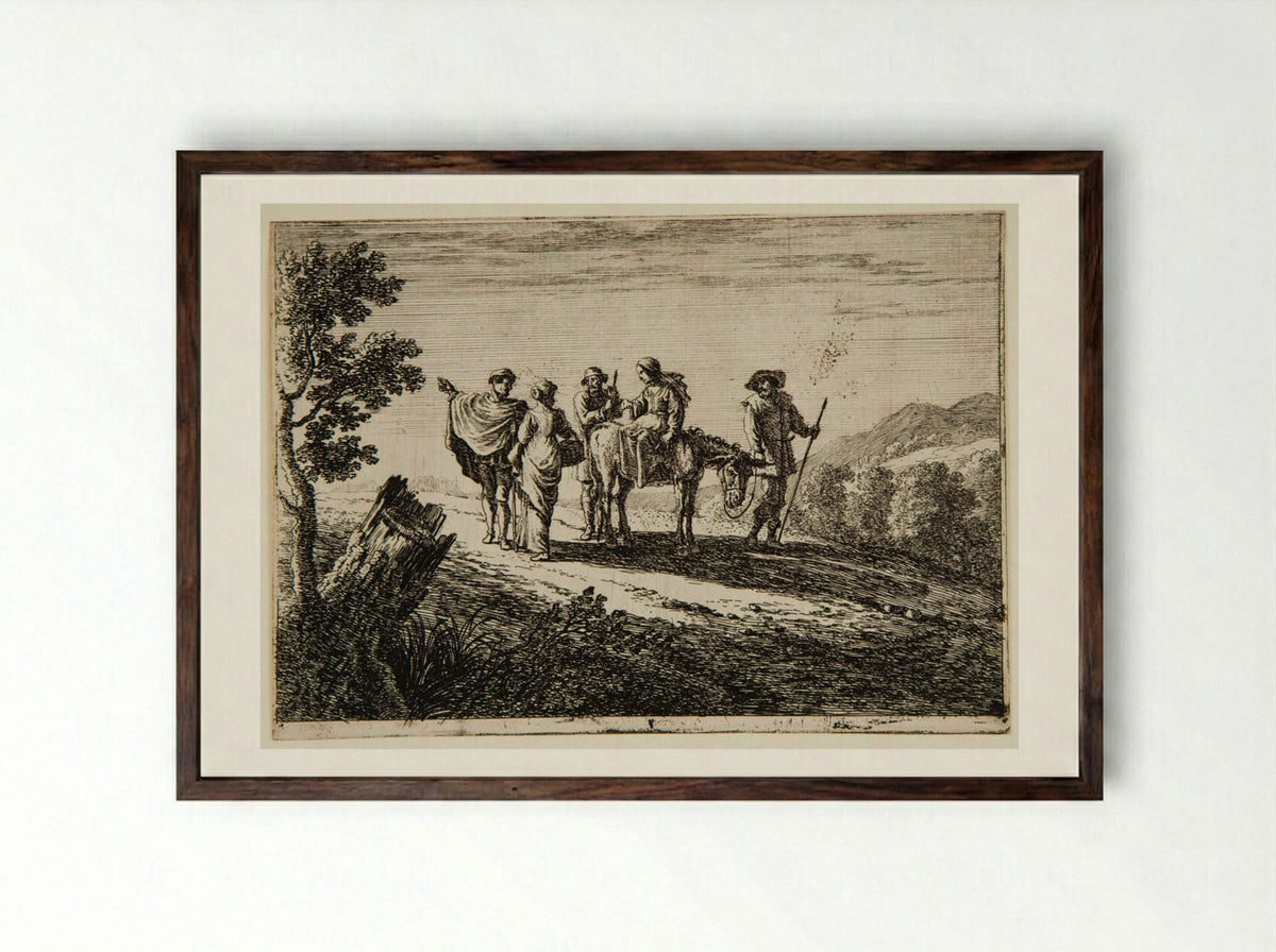 Travelers in a Landscape with a Large Stump at Left - Herman van Swanevelt - Framed Print Dark Wood