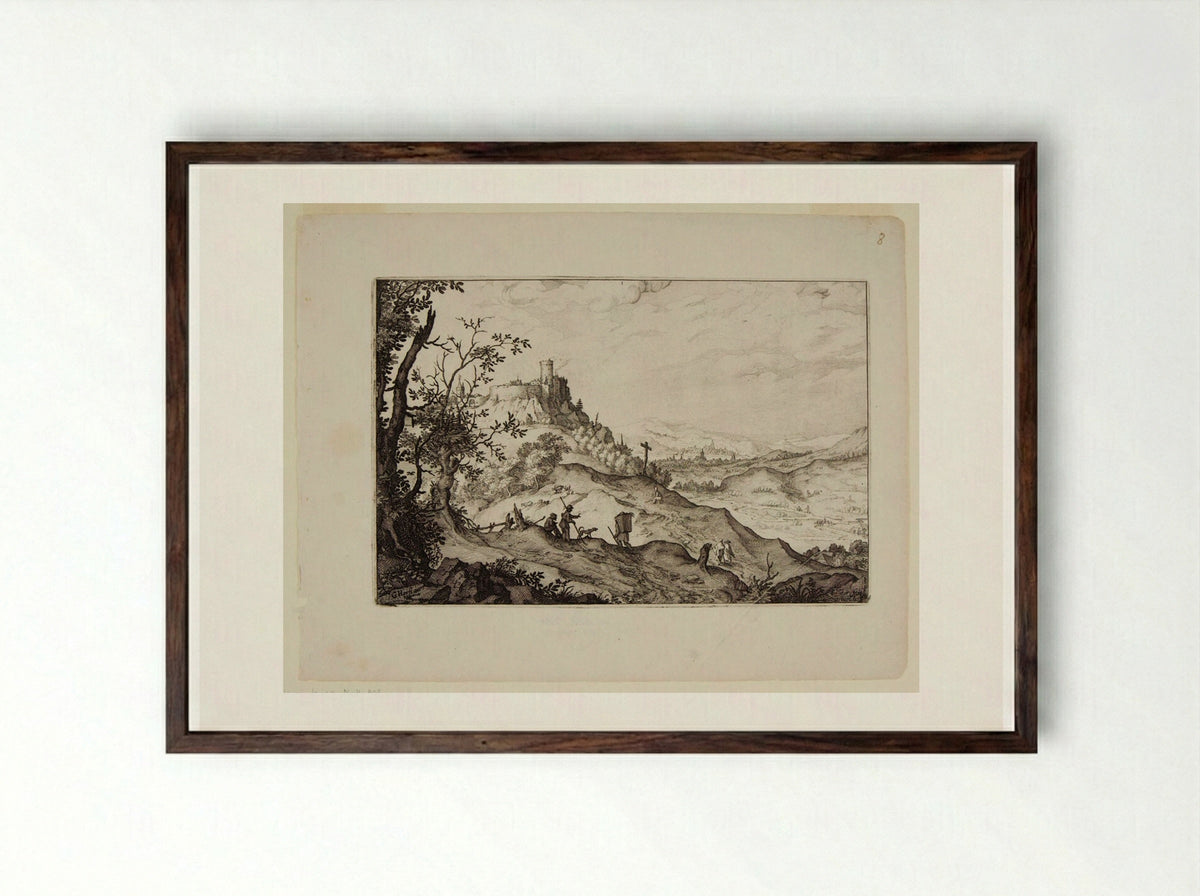 Travelers in a Landscape - Claes Jansz. Visscher - Framed Print Dark Wood