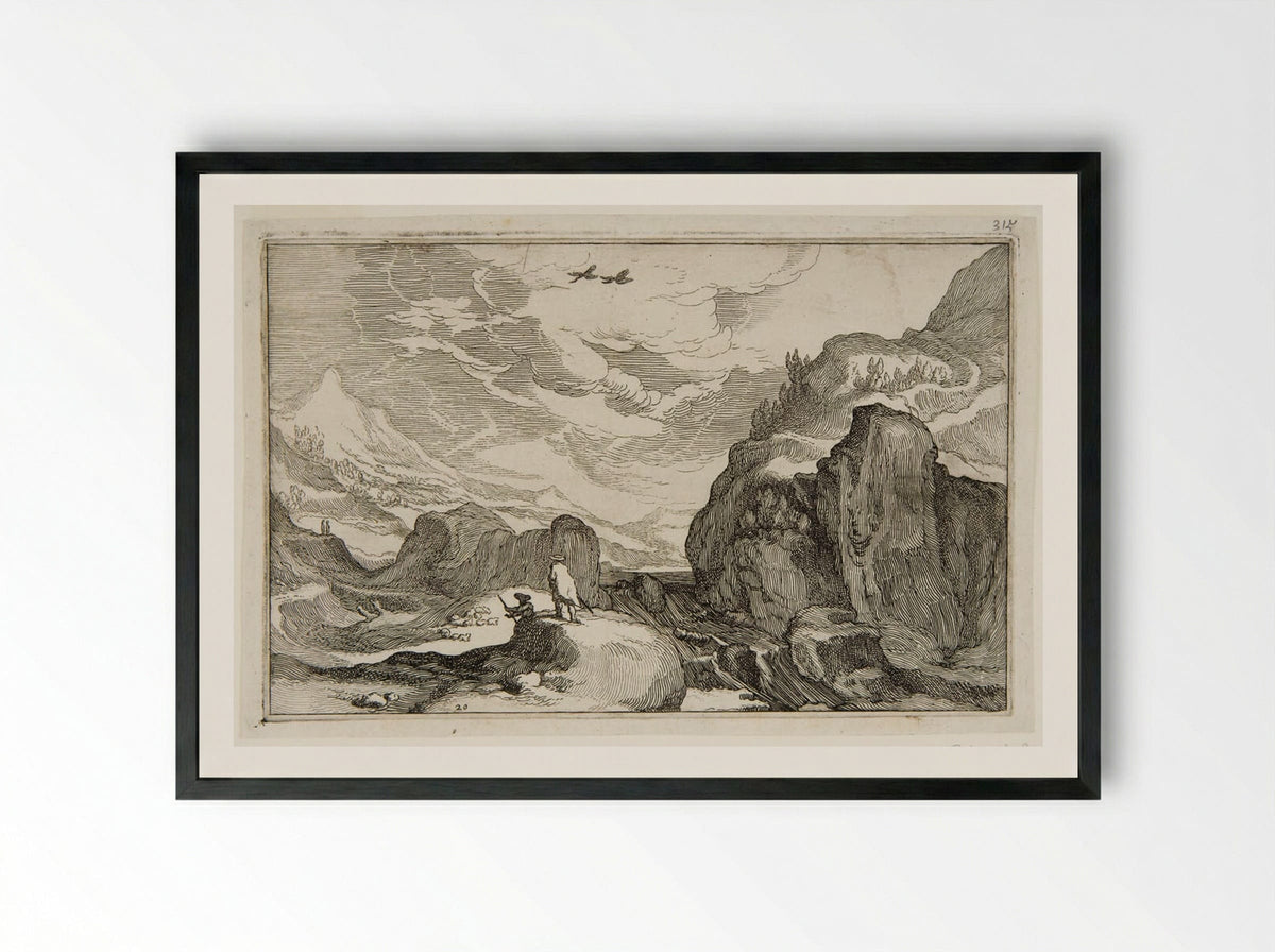 Travelers in a Rocky Landscape - Boetius Adamsz. Bolswert - Framed Print Black