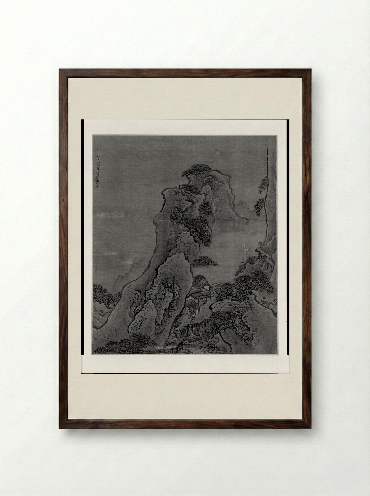 Travelers on a Mountain Road; a Way-Station in the Clouds - Yuan Yao - Framed Print Dark Wood