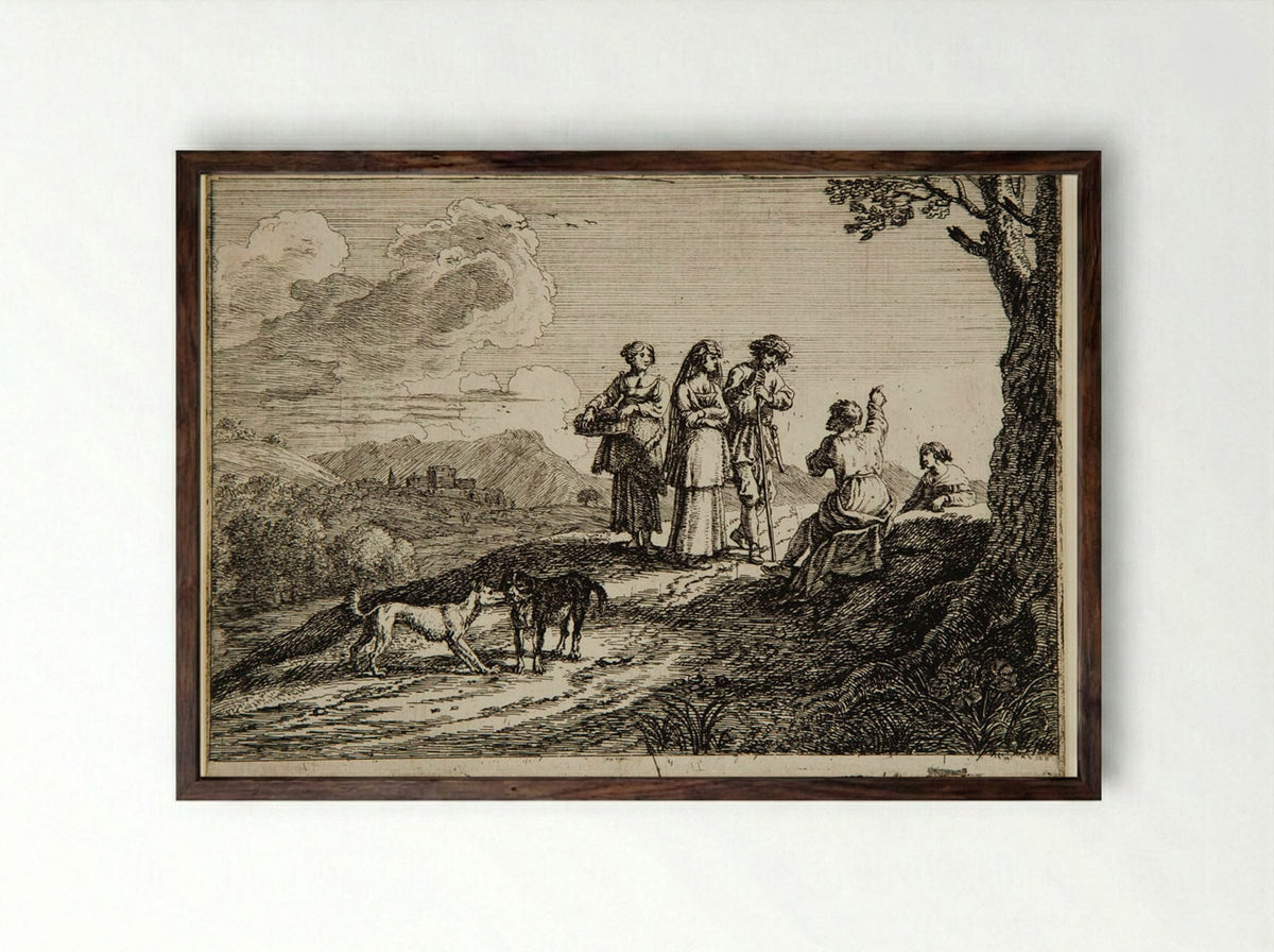 Travelers with Two Dogs - Herman van Swanevelt - Framed Print Dark Wood