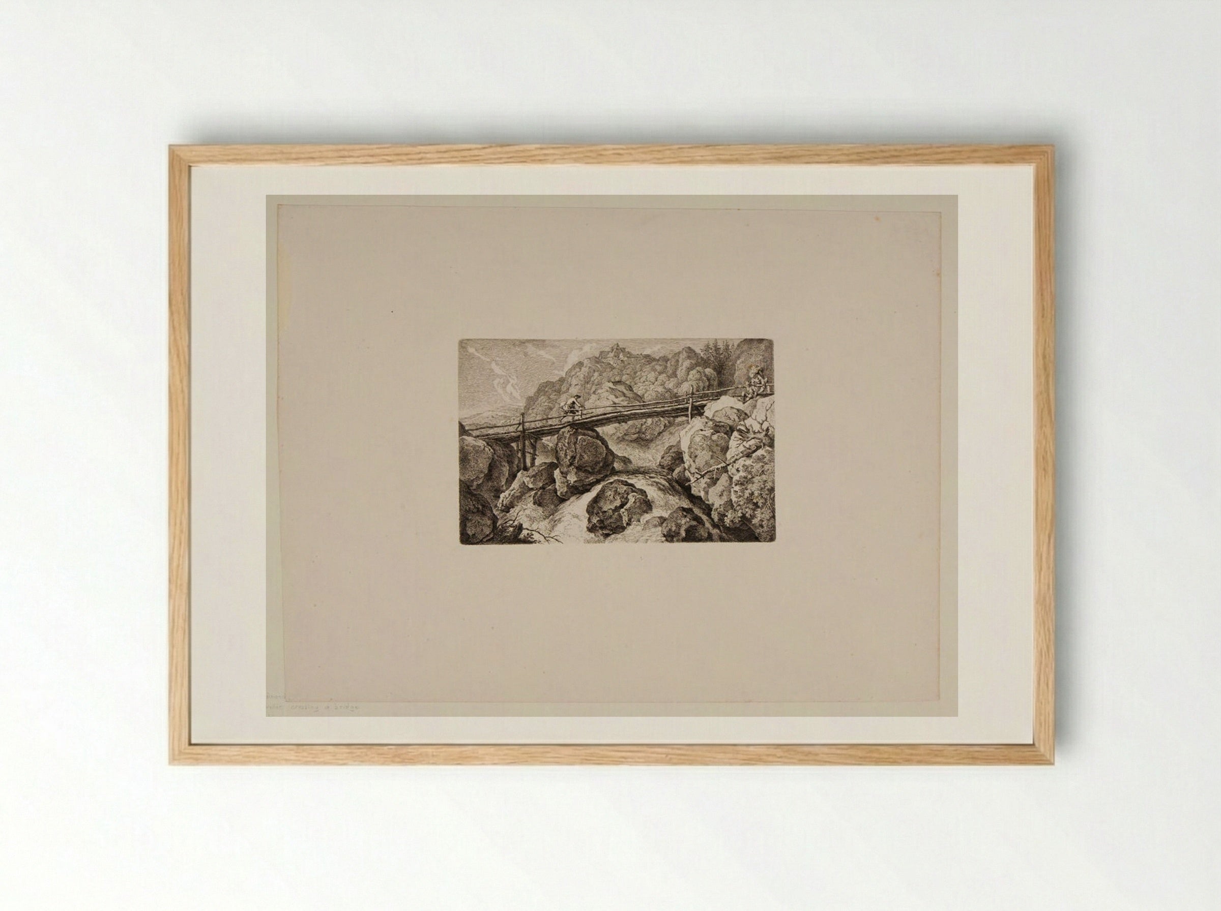 Traveller Crossing a Bridge over a Torrent - Ferdinand Kobell - Framed Print Wood