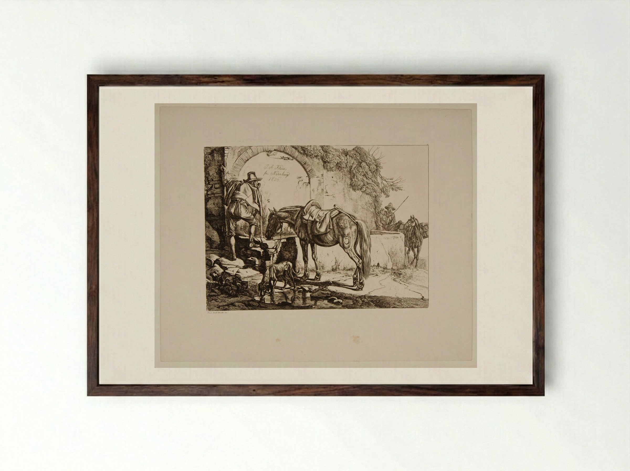 Traveller Watering His Horse - Johann Adam Klein - Framed Print Dark Wood