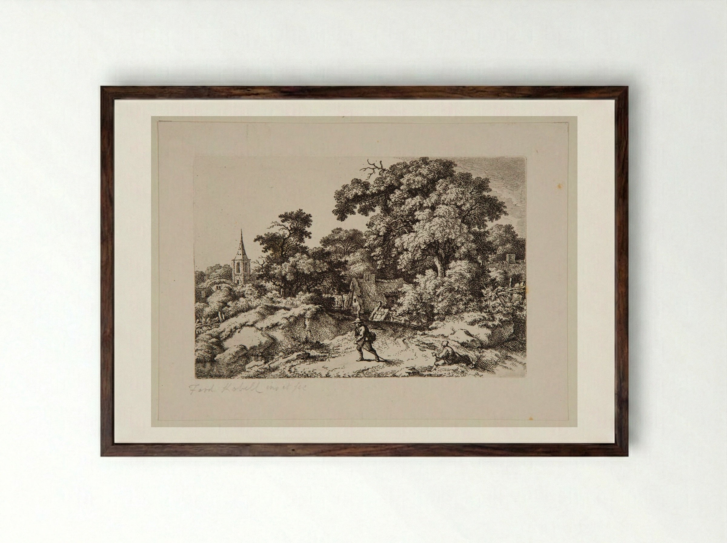 Traveller on the Road Leading from a Hamlet - Ferdinand Kobell - Framed Print Dark Wood