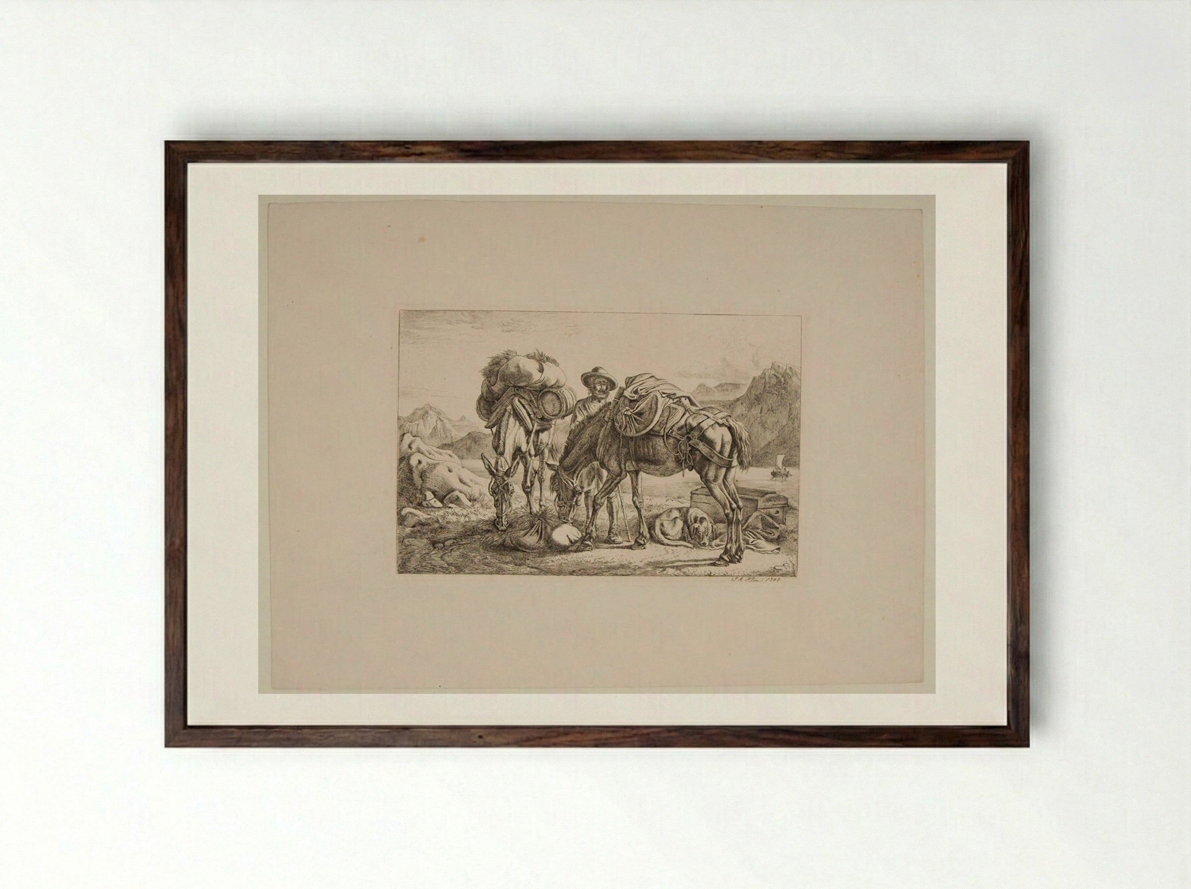 Traveller with Two Horses - Johann Adam Klein - Framed Print Dark Wood