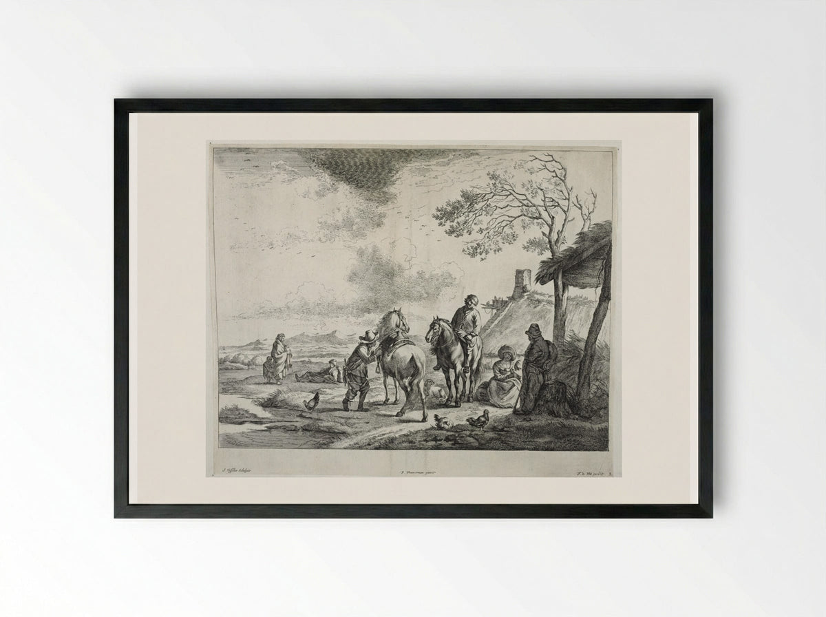 Travellers Near a Hut - Johannes Visscher - Framed Print Black