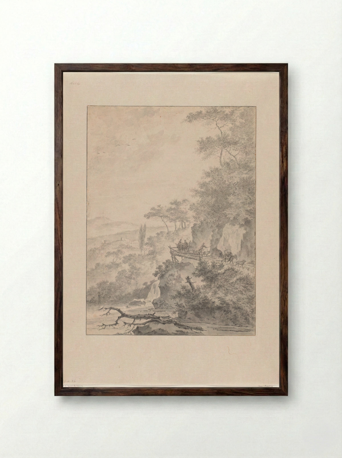 Travellers with Cattle on a Mountain Bridge - Adam Pijnacker - Framed Print Dark Wood