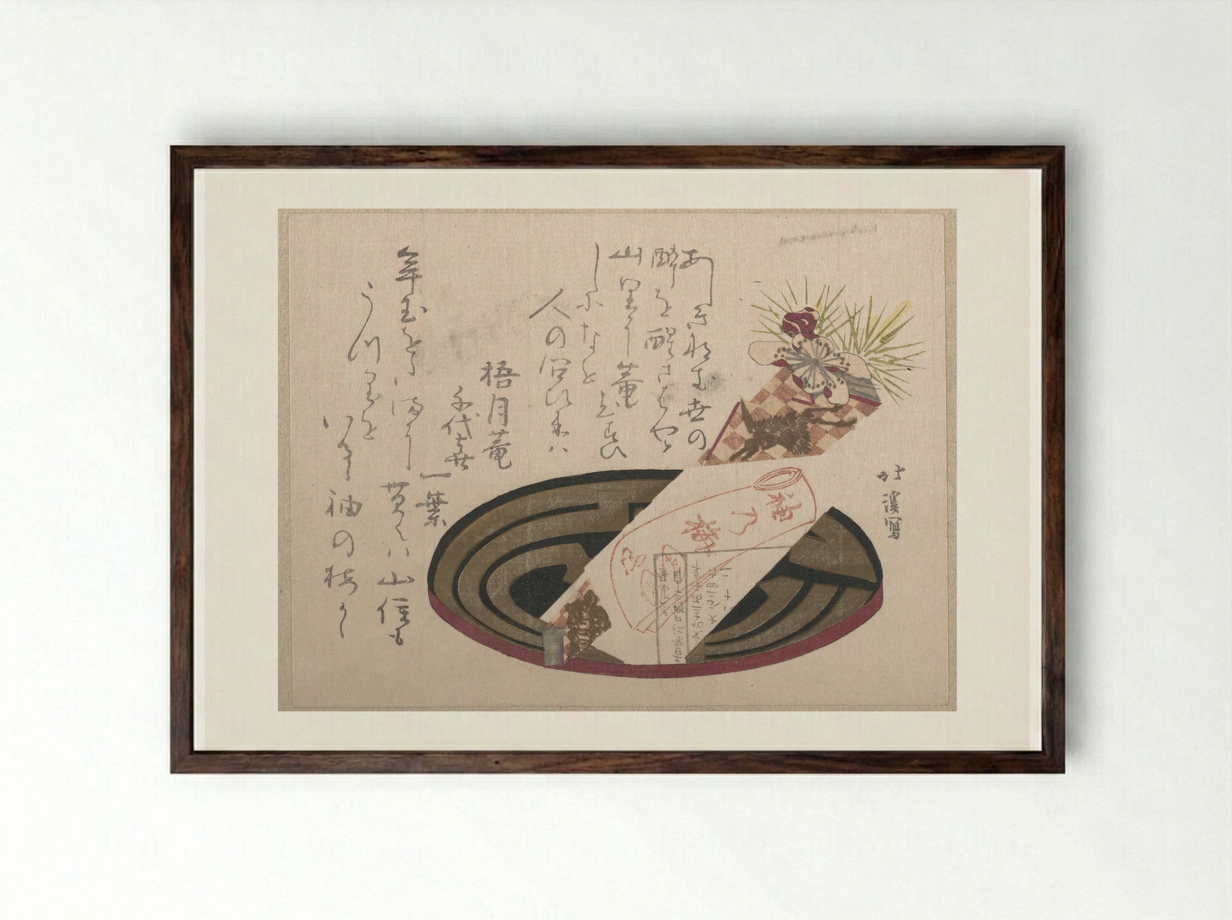 Tray with Noshi Paper (Noshi Indicates a Present) - Totoya Hokkei - Framed Print Dark Wood