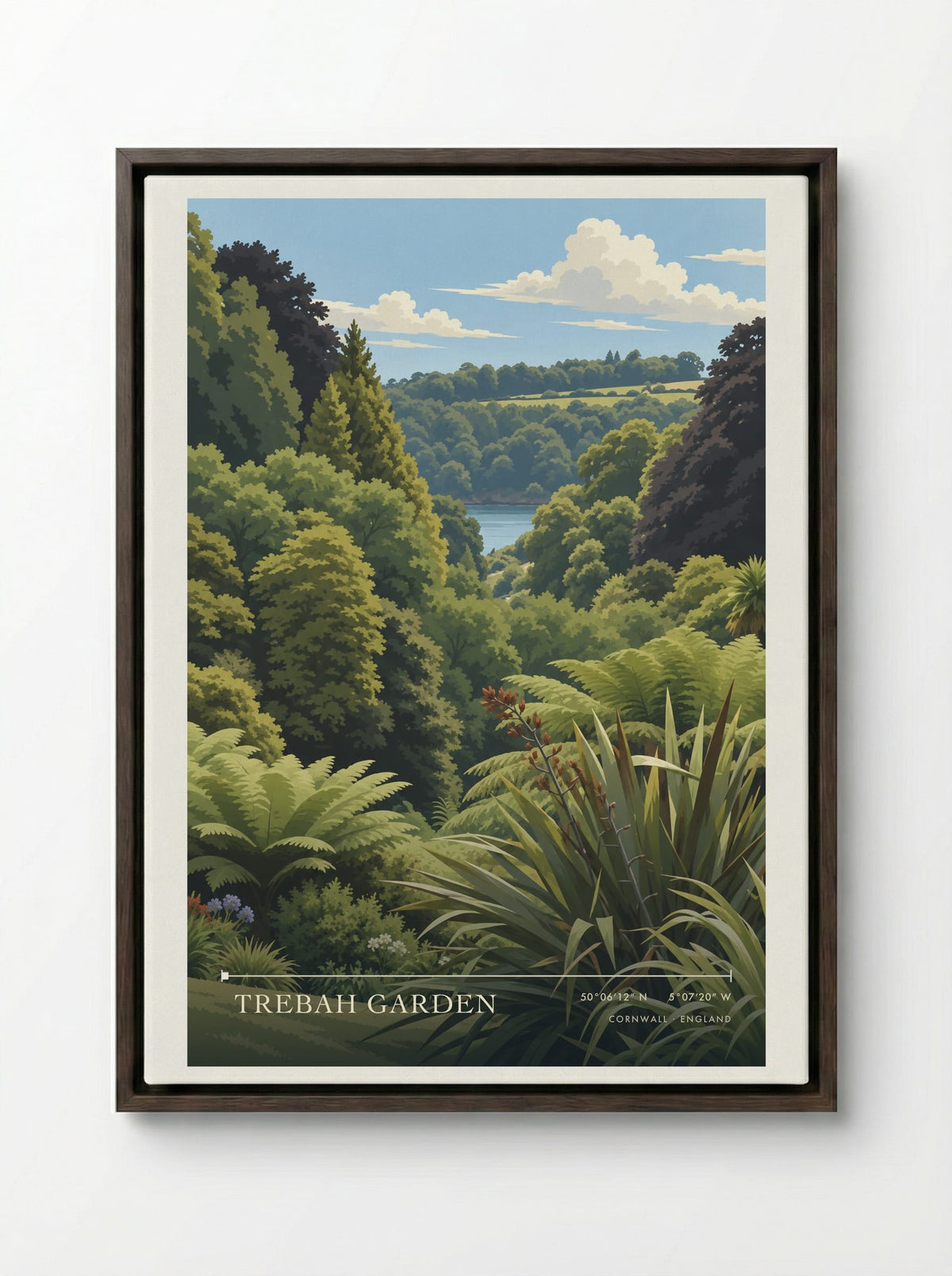 Trebah Garden, Cornwall | Travel Poster - Framed Canvas Dark Wood
