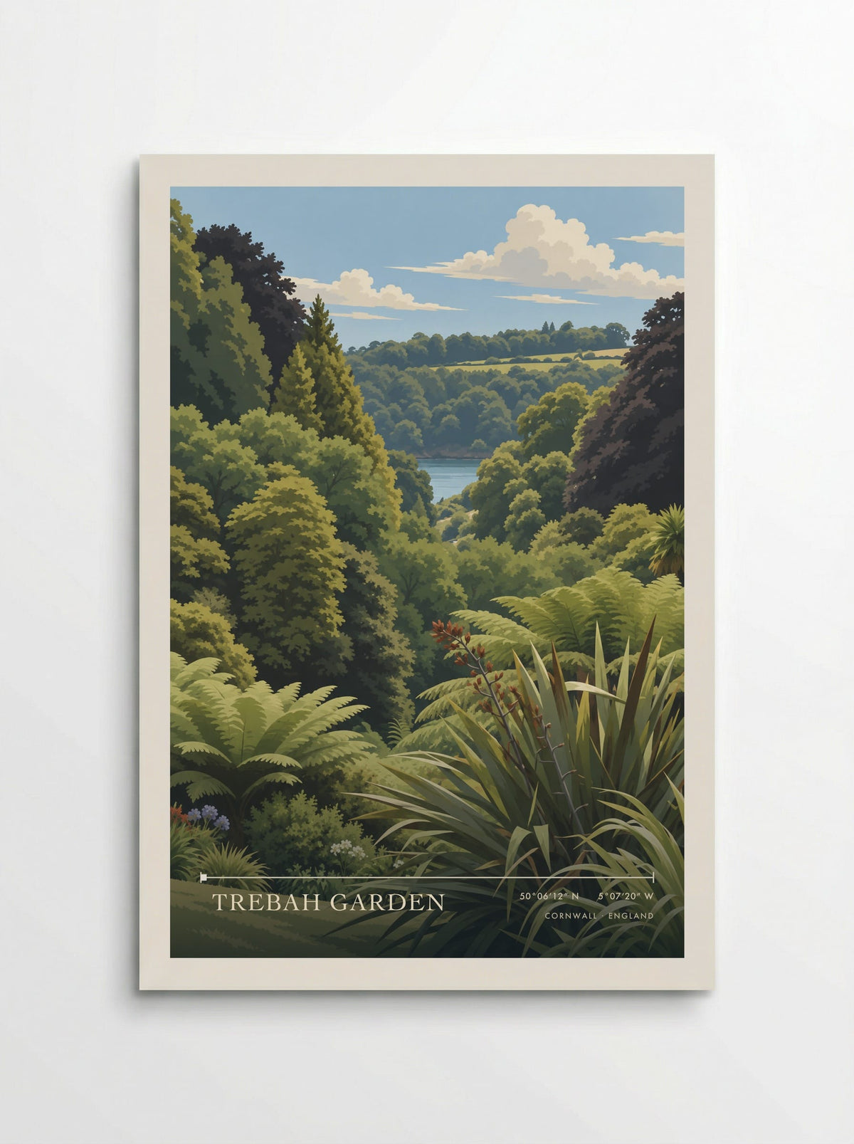 Trebah Garden, Cornwall travel poster: fern fronds, long leaves and dense tree canopy opening towards the blue Helford River beyond the planted valle