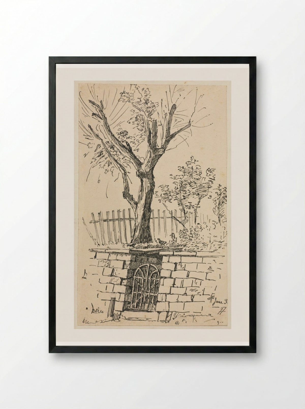 Tree on Top of a Stone Wall, Cleveland - Otto H. Bacher - Framed Print Black