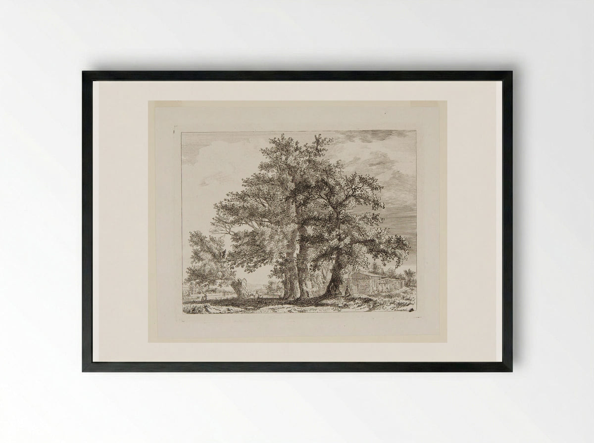 Trees and Huts with a Distant View of a Town by a River - Paul Sandby - Framed Print Black