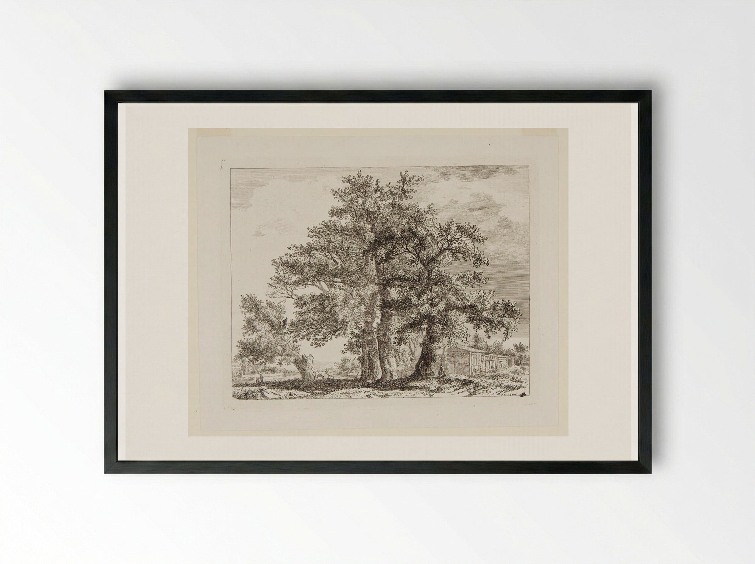 Trees and Huts with a Distant View of a Town by a River - Paul Sandby - Framed Print Black
