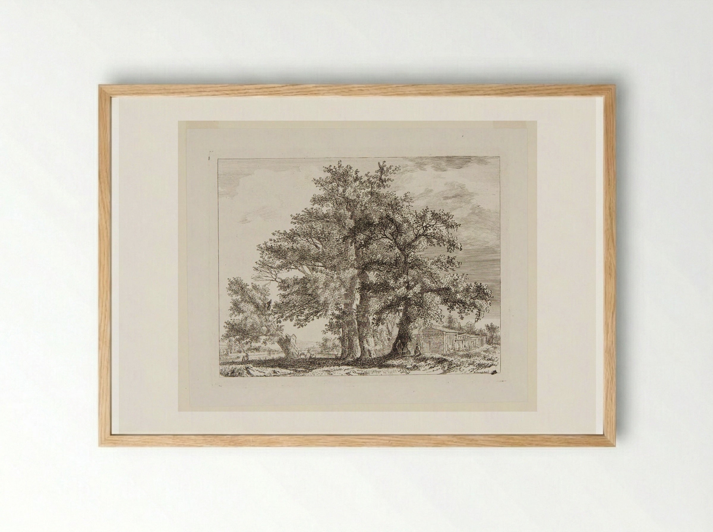 Trees and Huts with a Distant View of a Town by a River - Paul Sandby - Framed Print Wood