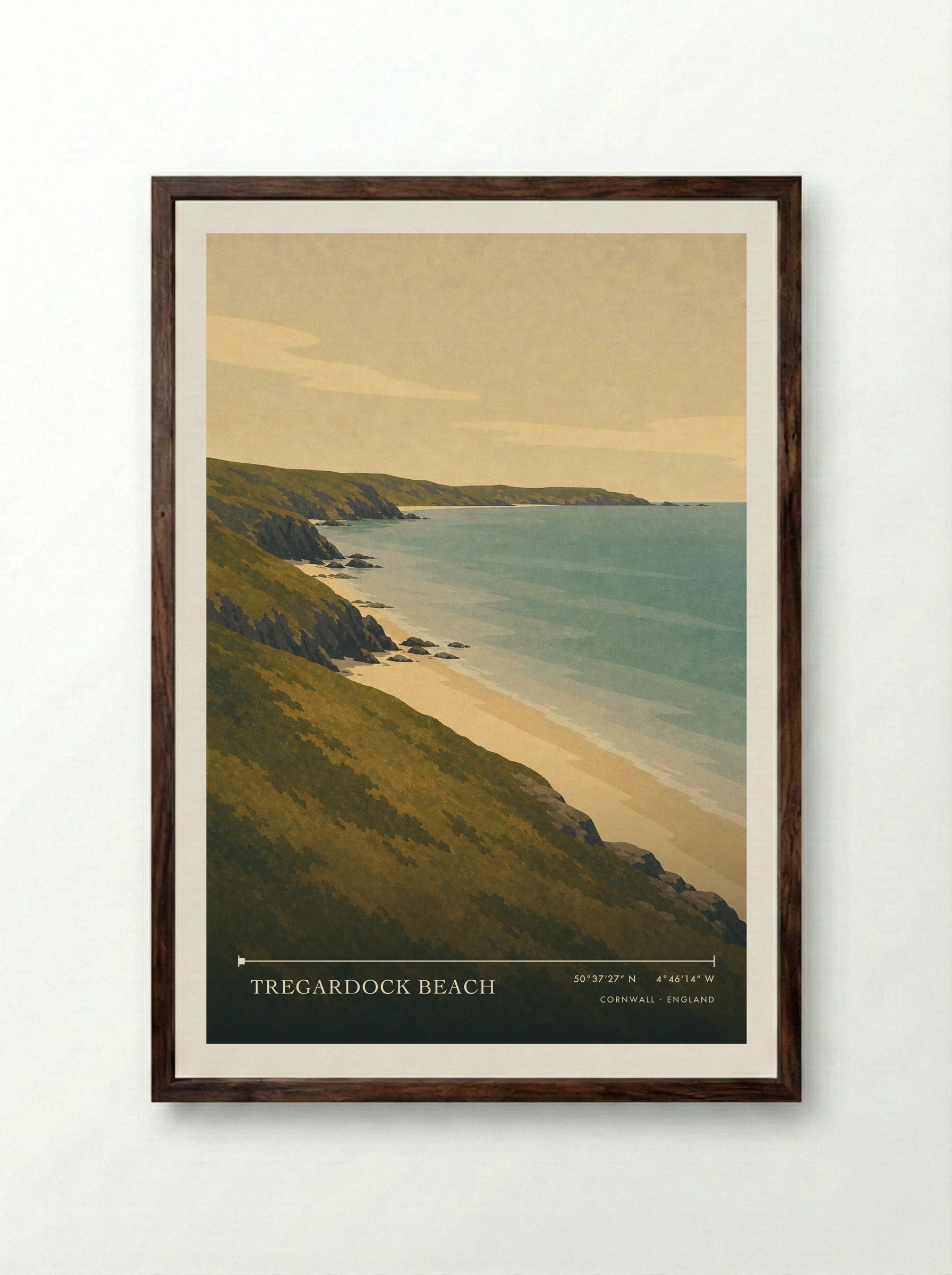Tregardock Beach Cornwall England Travel Poster - Framed Print Dark Wood