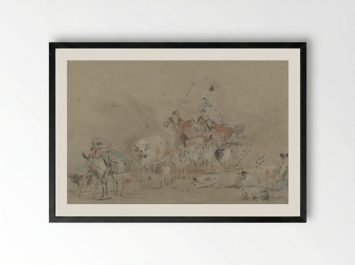 Trekkende kudde met een herderin op een muilezel - Jérome François Chantereau - Framed Print Black