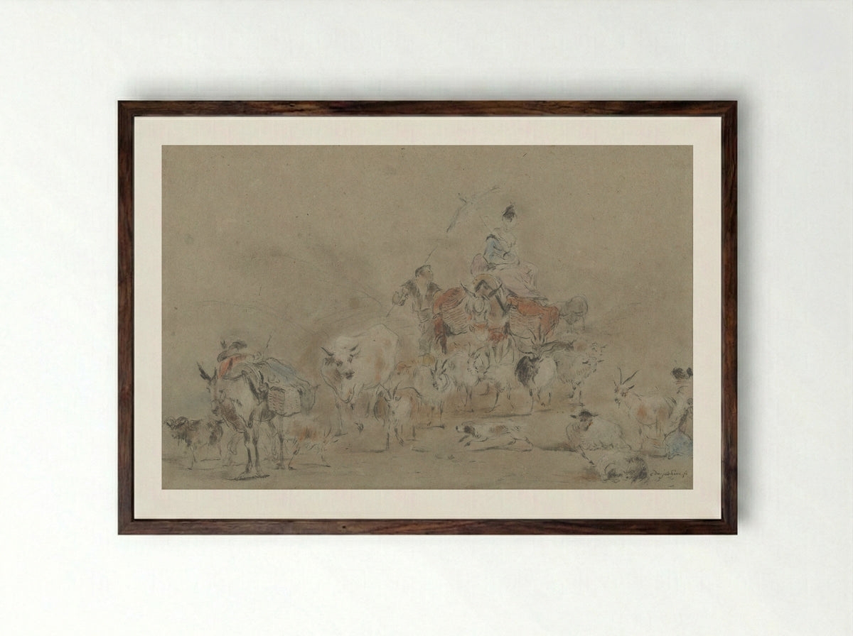 Trekkende kudde met een herderin op een muilezel - Jérome François Chantereau - Framed Print Dark Wood