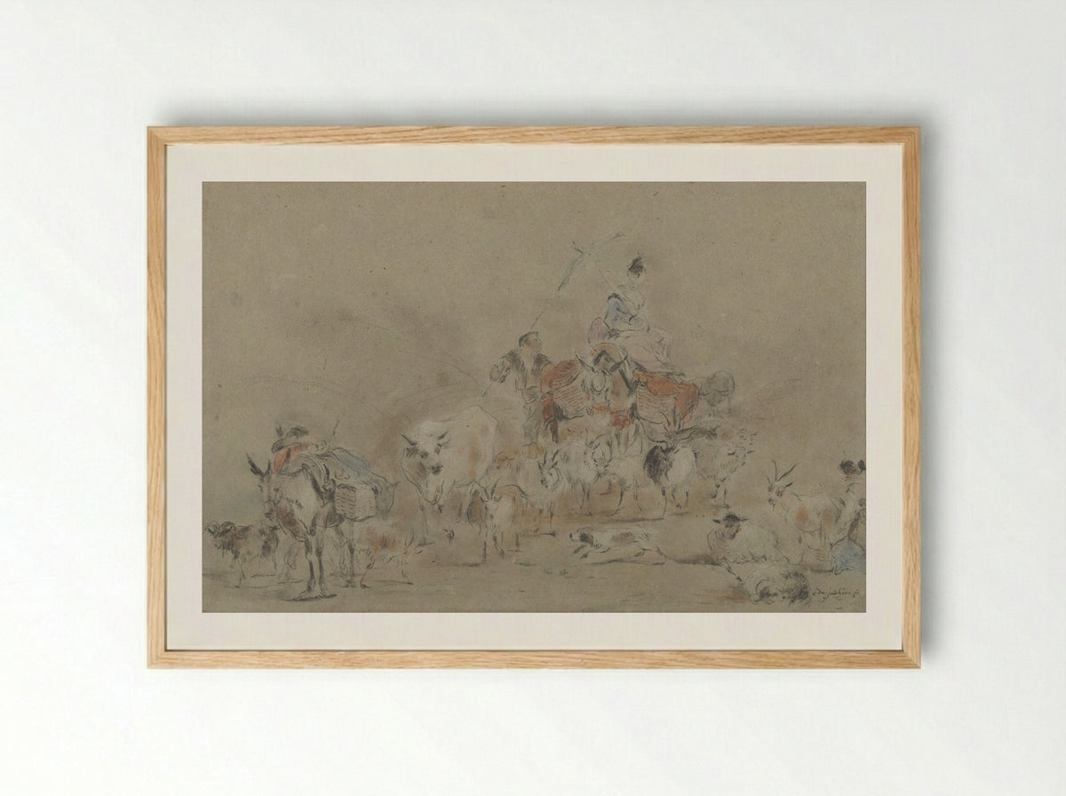 Trekkende kudde met een herderin op een muilezel - Jérome François Chantereau - Framed Print Wood
