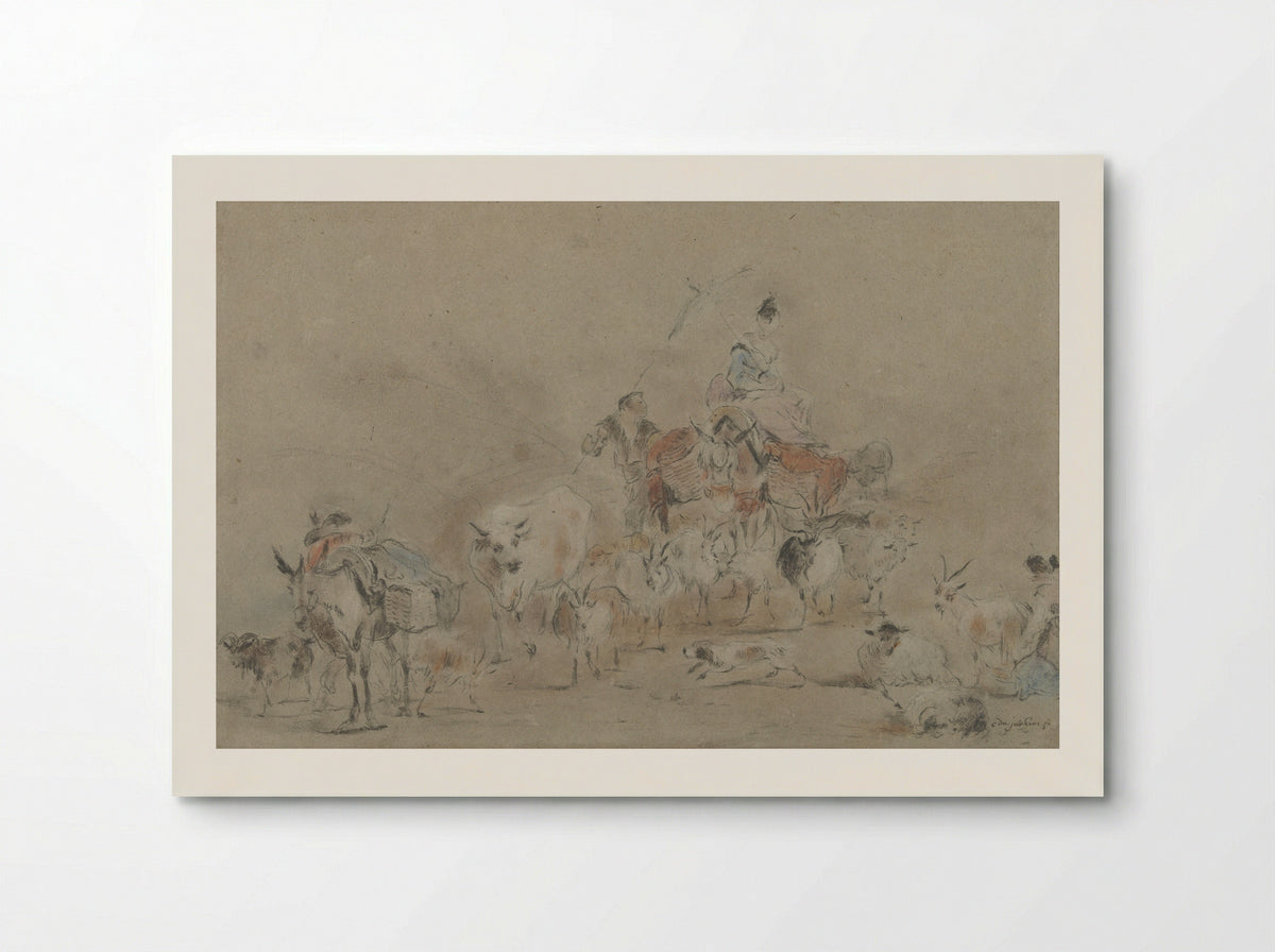 Trekkende kudde met een herderin op een muilezel - Jérome François Chantereau - Poster