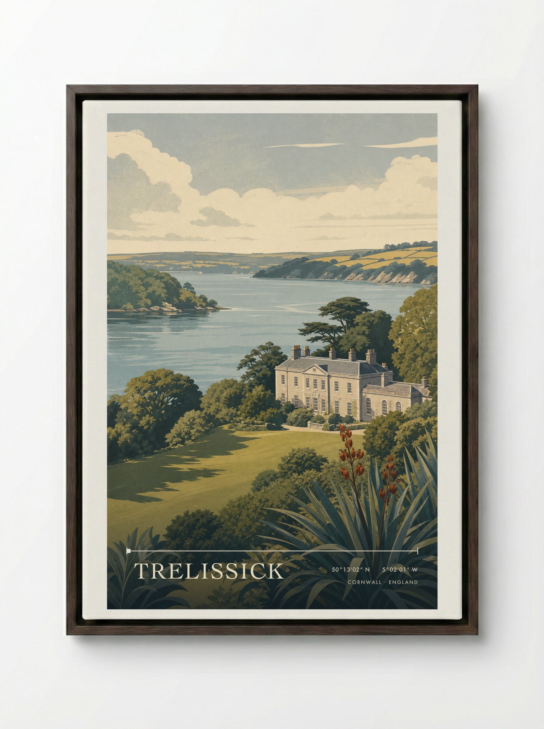 Trelissick Cornwall England Travel Poster - Framed Canvas Dark Wood