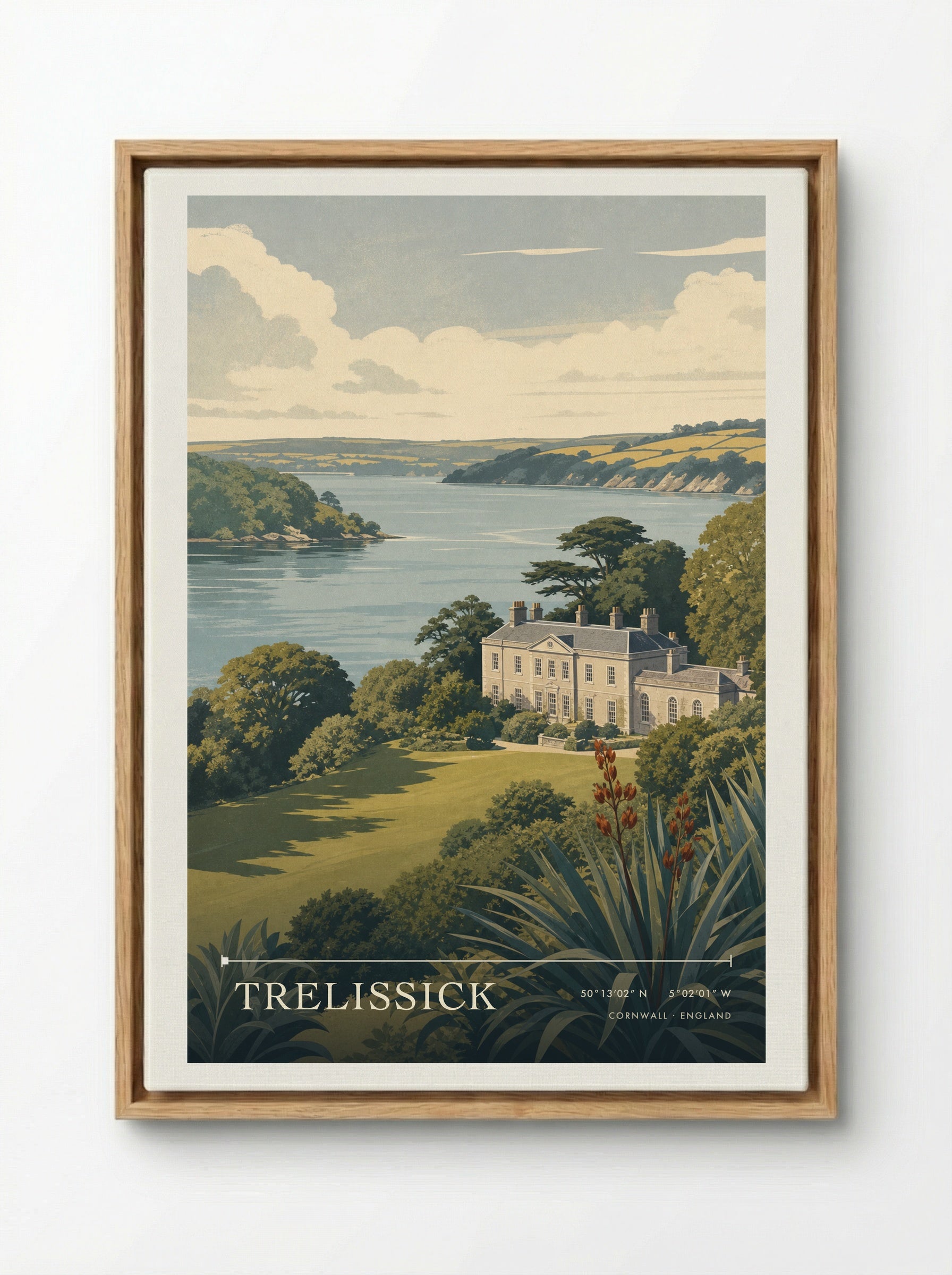 Trelissick Cornwall England Travel Poster - Framed Canvas Wood