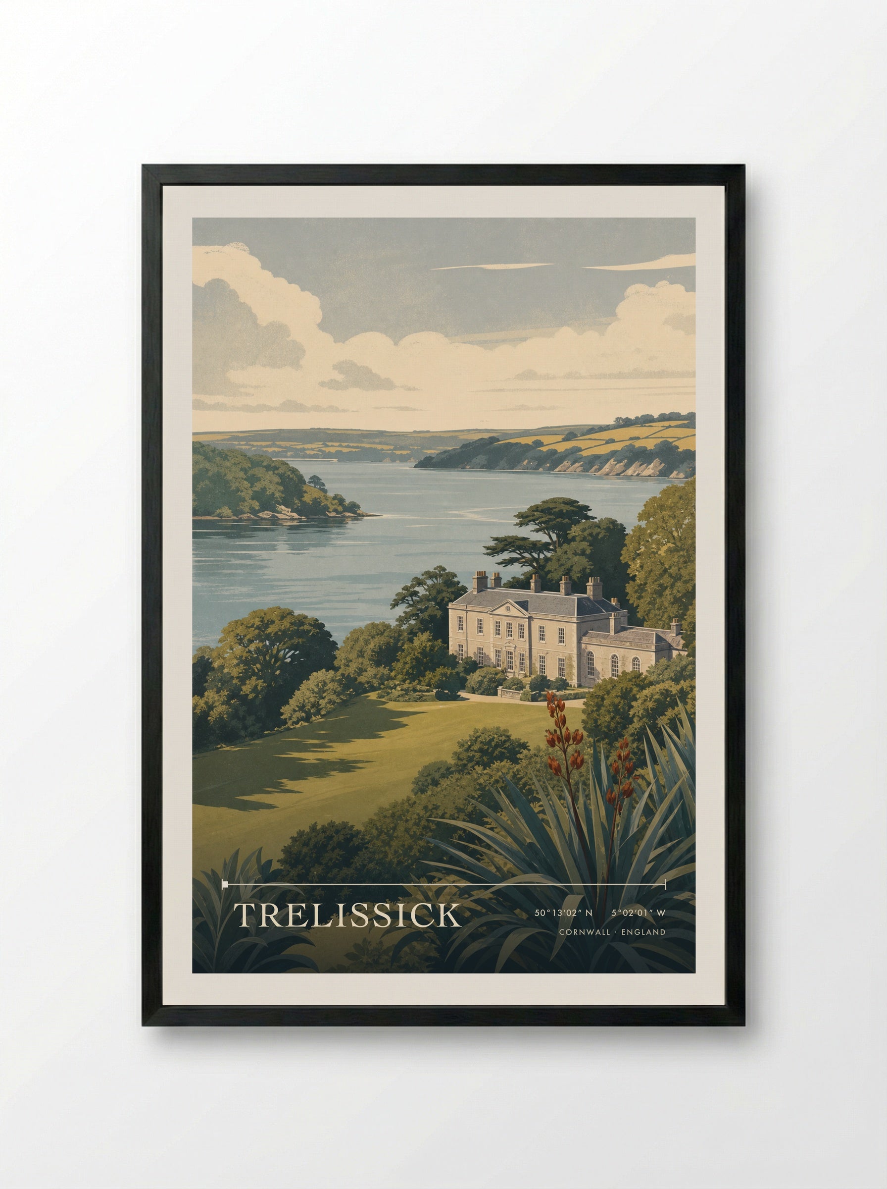 Trelissick Cornwall England Travel Poster - Framed Print Black