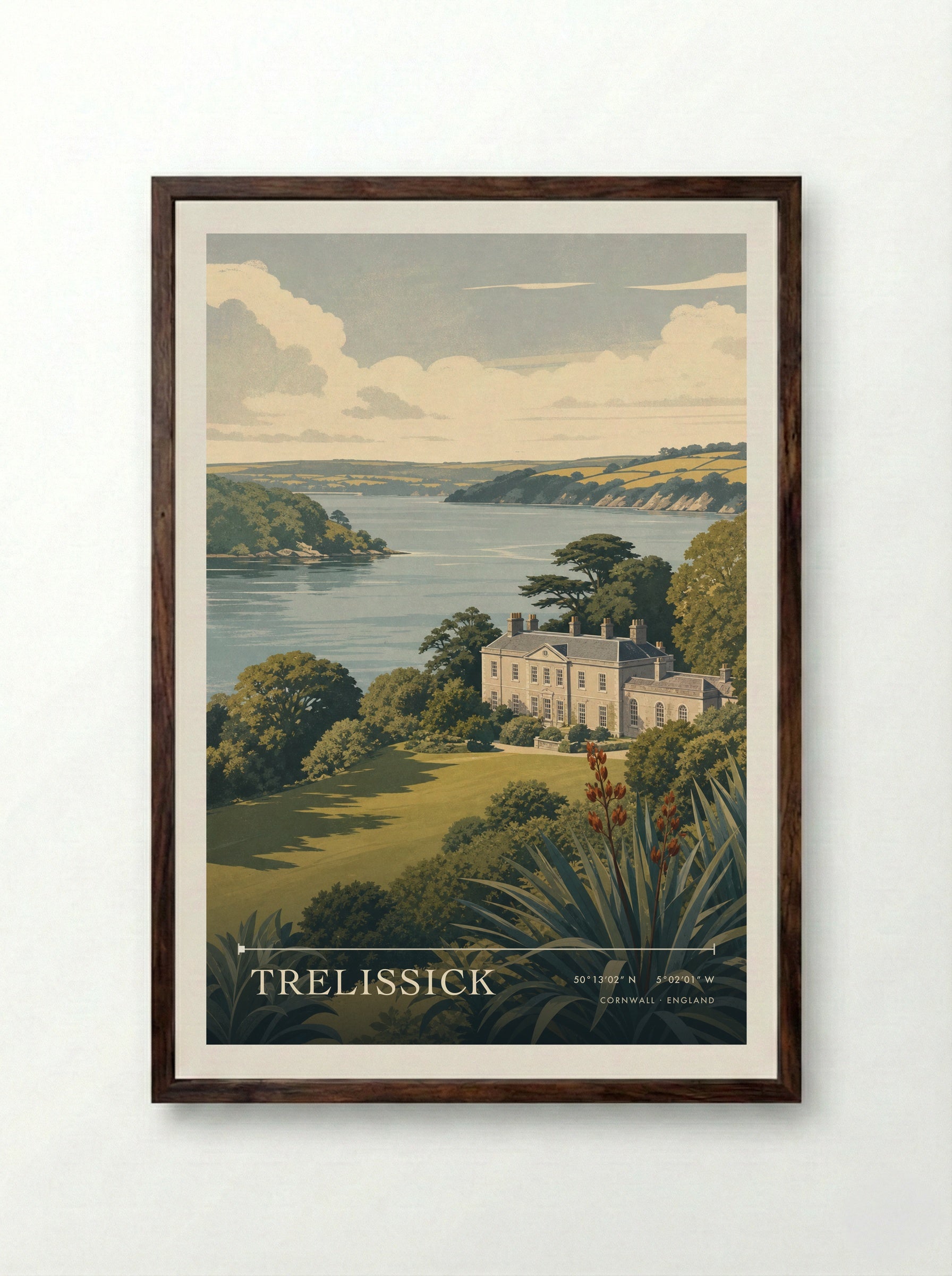 Trelissick Cornwall England Travel Poster - Framed Print Dark Wood