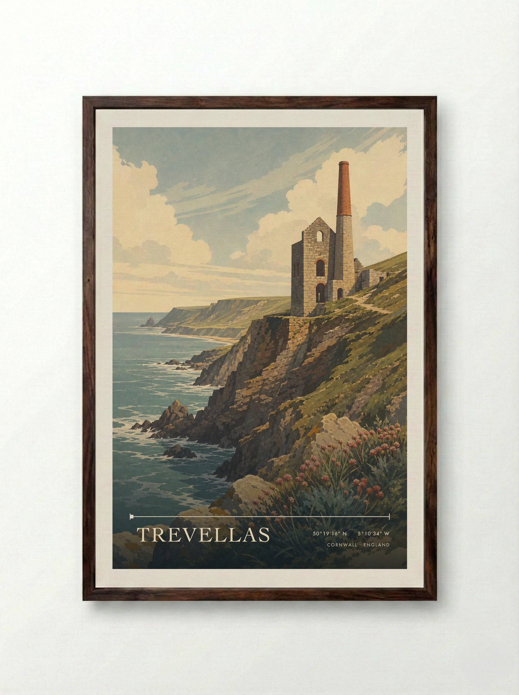 Trevellas Cornwall England Travel Poster - Framed Print Dark Wood