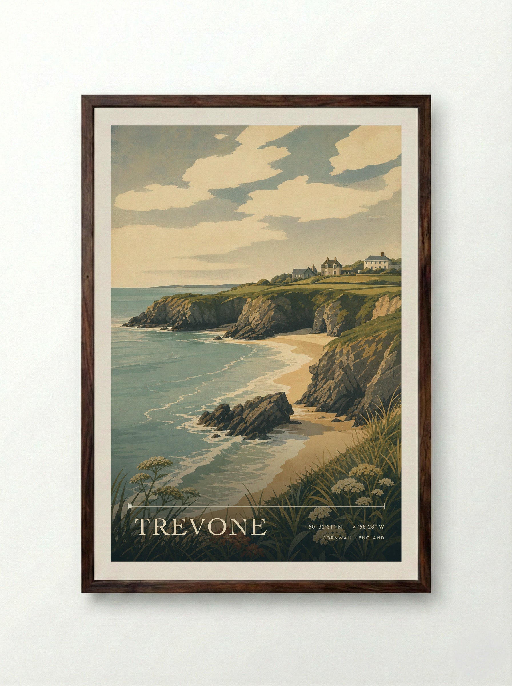 Trevone Cornwall England Travel Poster - Framed Print Dark Wood