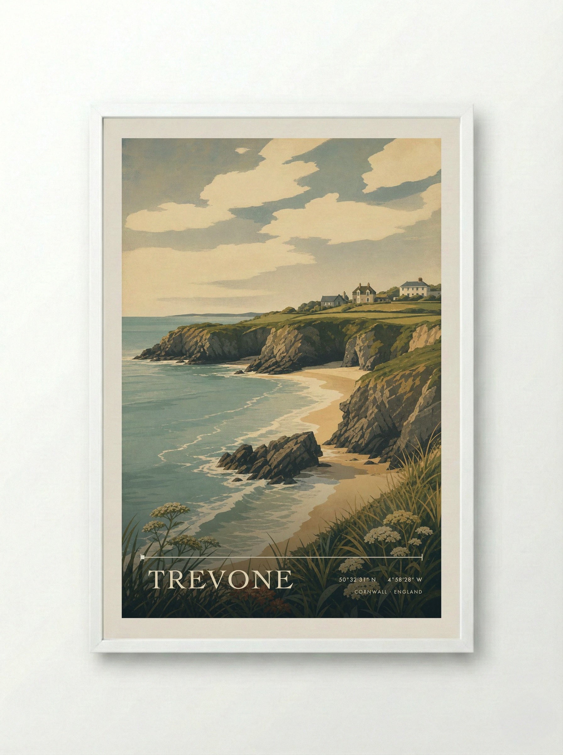 Trevone Cornwall England Travel Poster - Framed Print White
