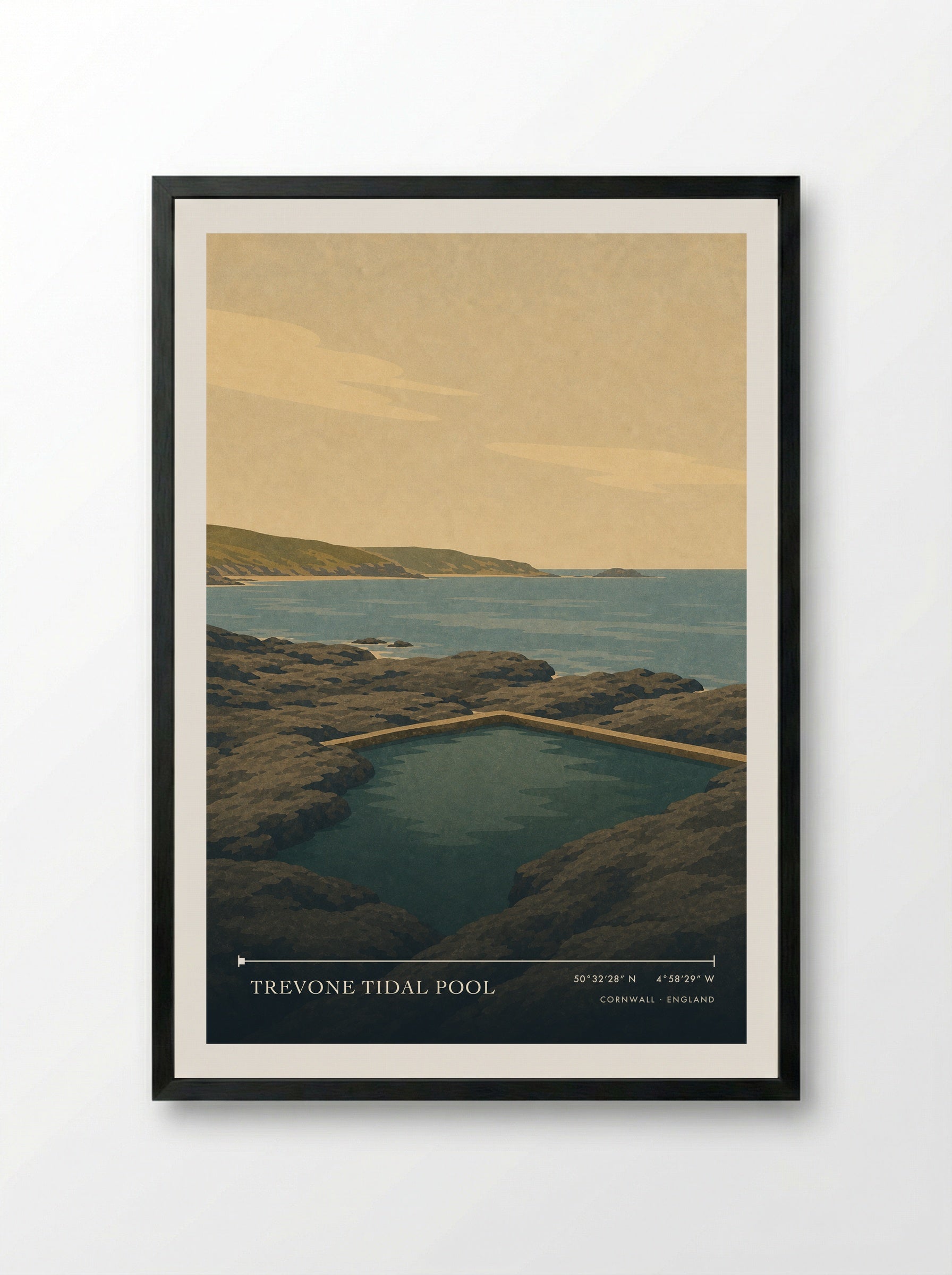 Trevone Tidal Pool Cornwall England Travel Poster - Framed Print Black