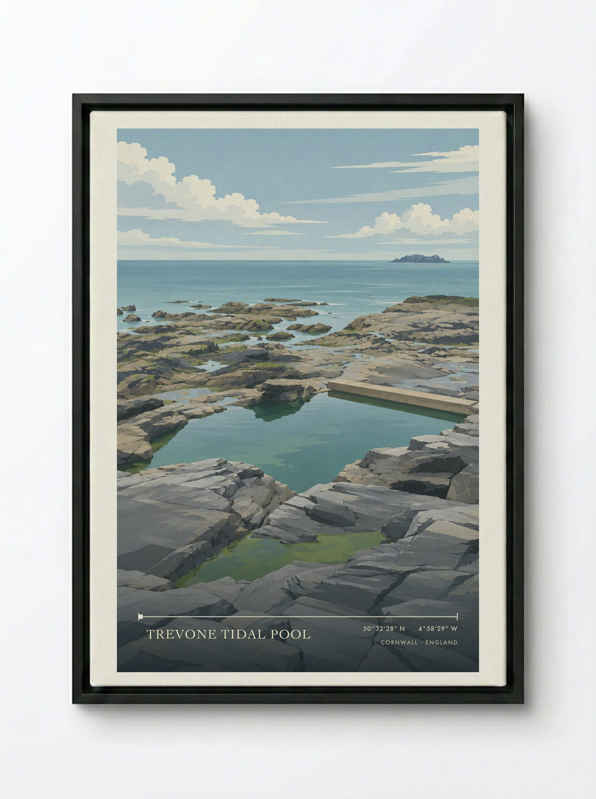 Trevone Tidal Pool, Cornwall | Travel Poster - Framed Canvas Black