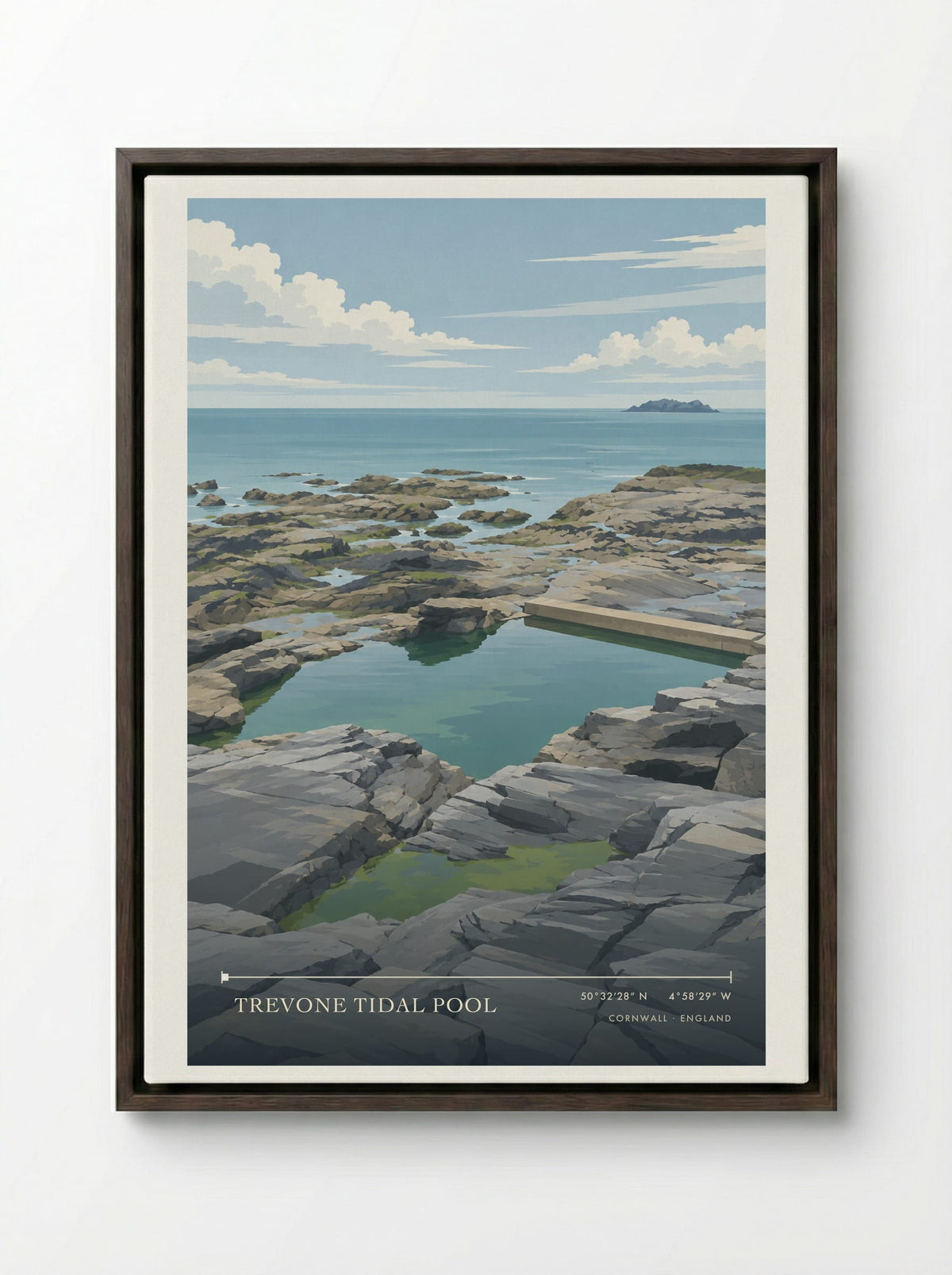 Trevone Tidal Pool, Cornwall | Travel Poster - Framed Canvas Dark Wood