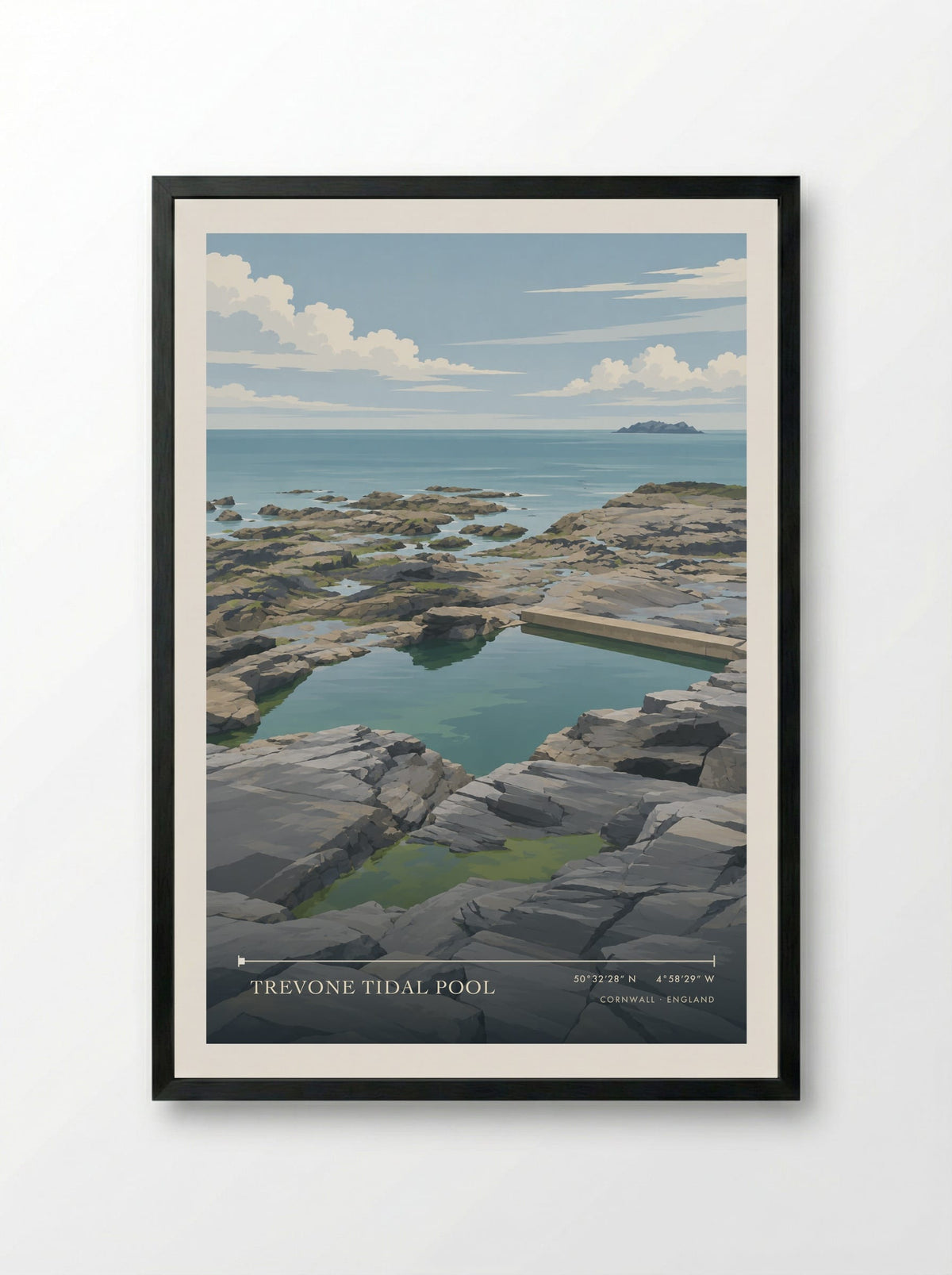 Trevone Tidal Pool, Cornwall | Travel Poster - Framed Print Black