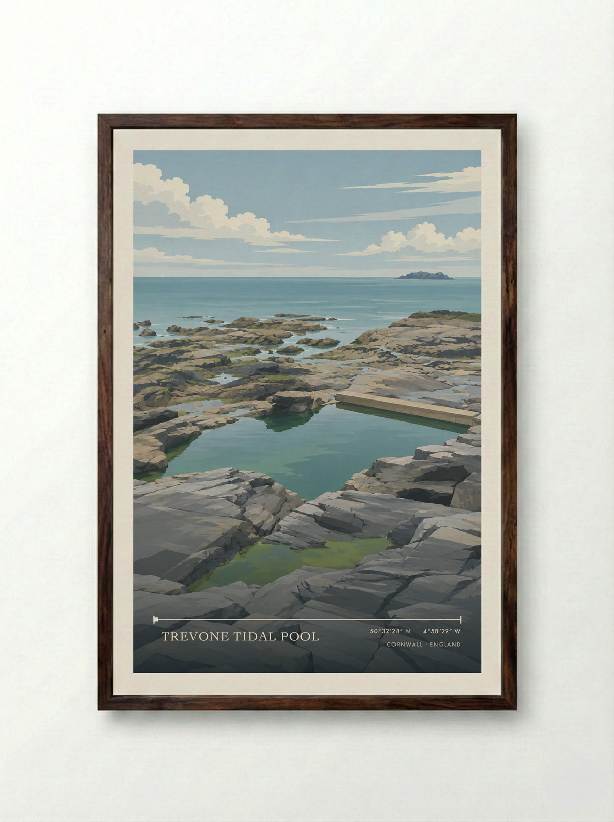 Trevone Tidal Pool, Cornwall | Travel Poster - Framed Print Dark Wood