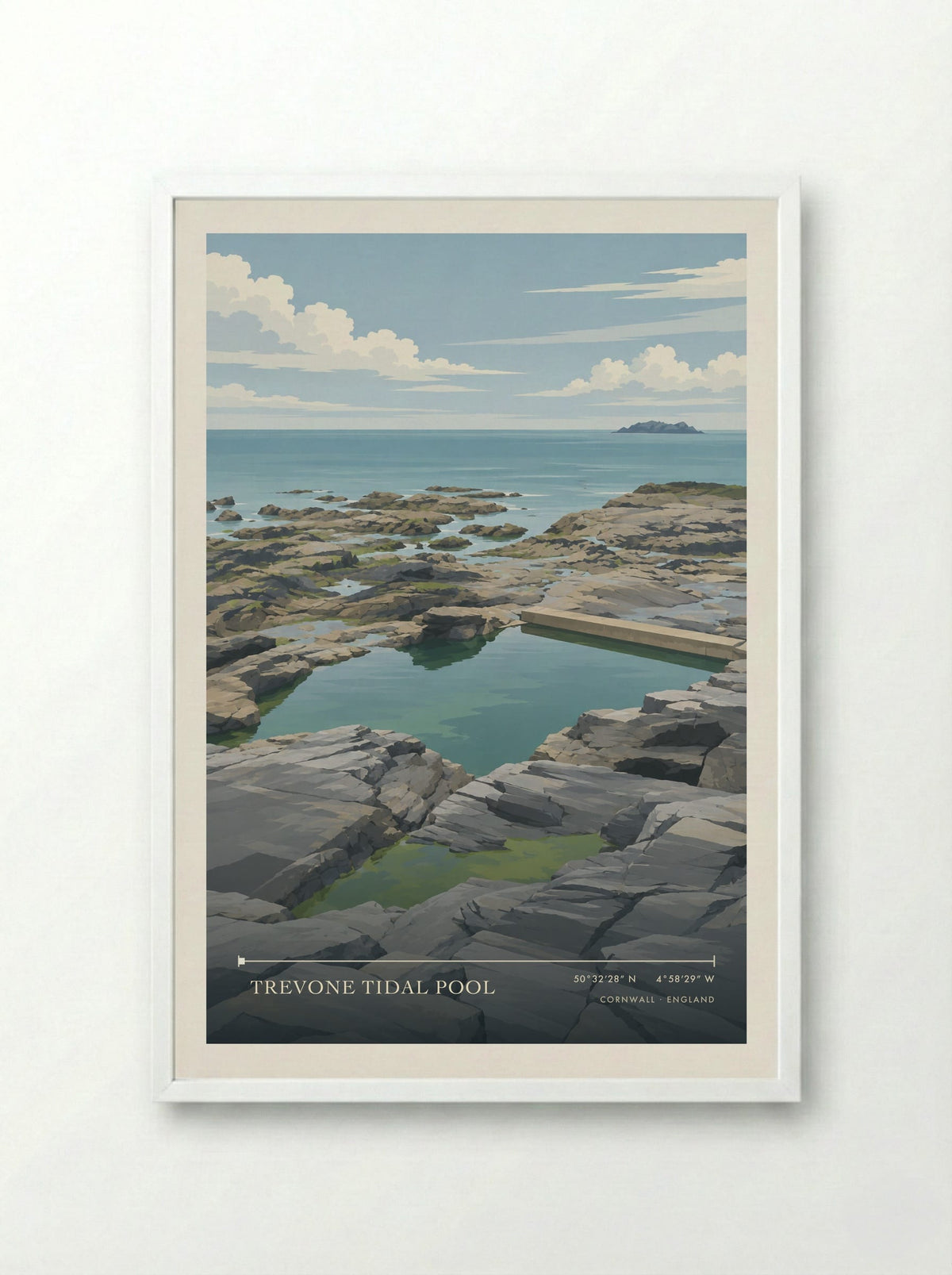 Trevone Tidal Pool, Cornwall | Travel Poster - Framed Print White