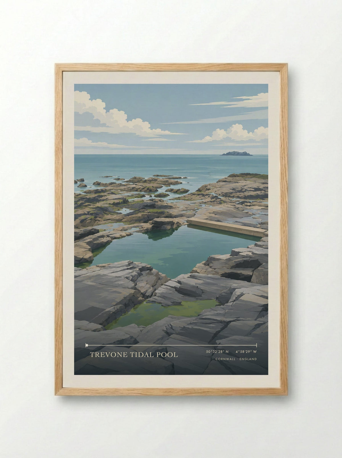 Trevone Tidal Pool, Cornwall | Travel Poster - Framed Print Wood
