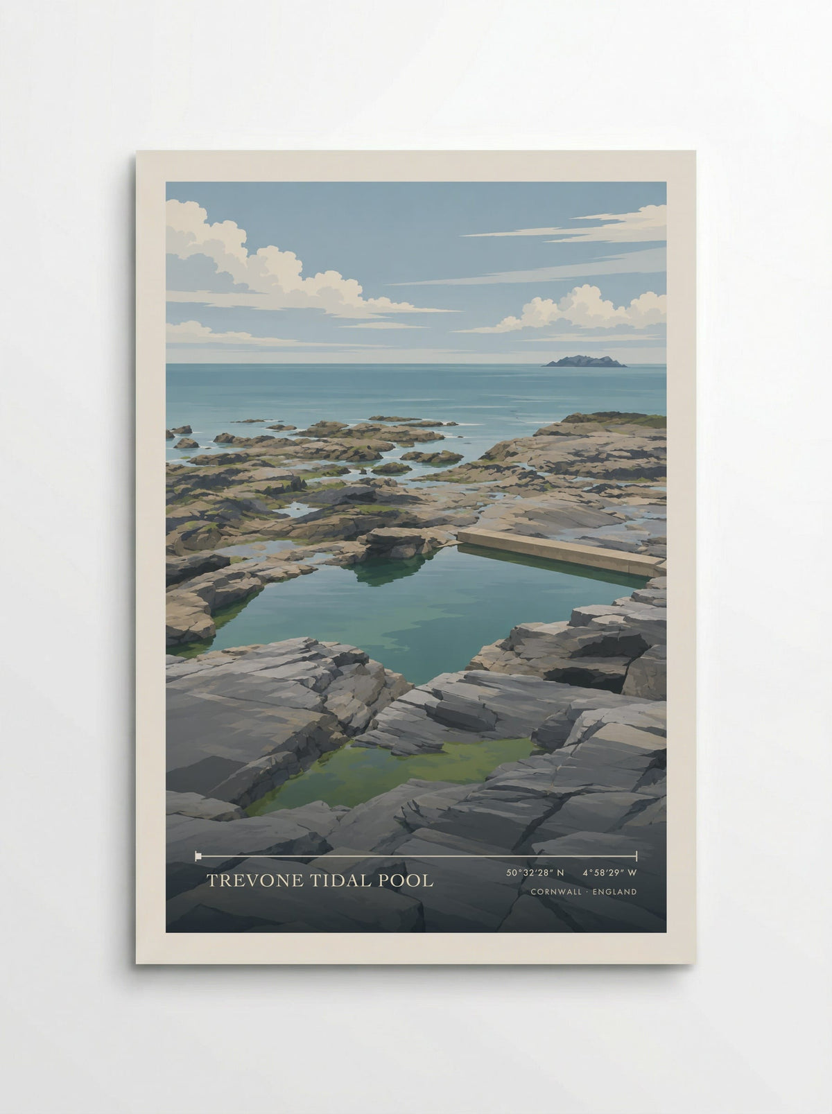 Trevone Tidal Pool, Cornwall travel poster: enclosed blue-green water, a straight seawall and layered slate ledges beside the sea at Newtrain Bay