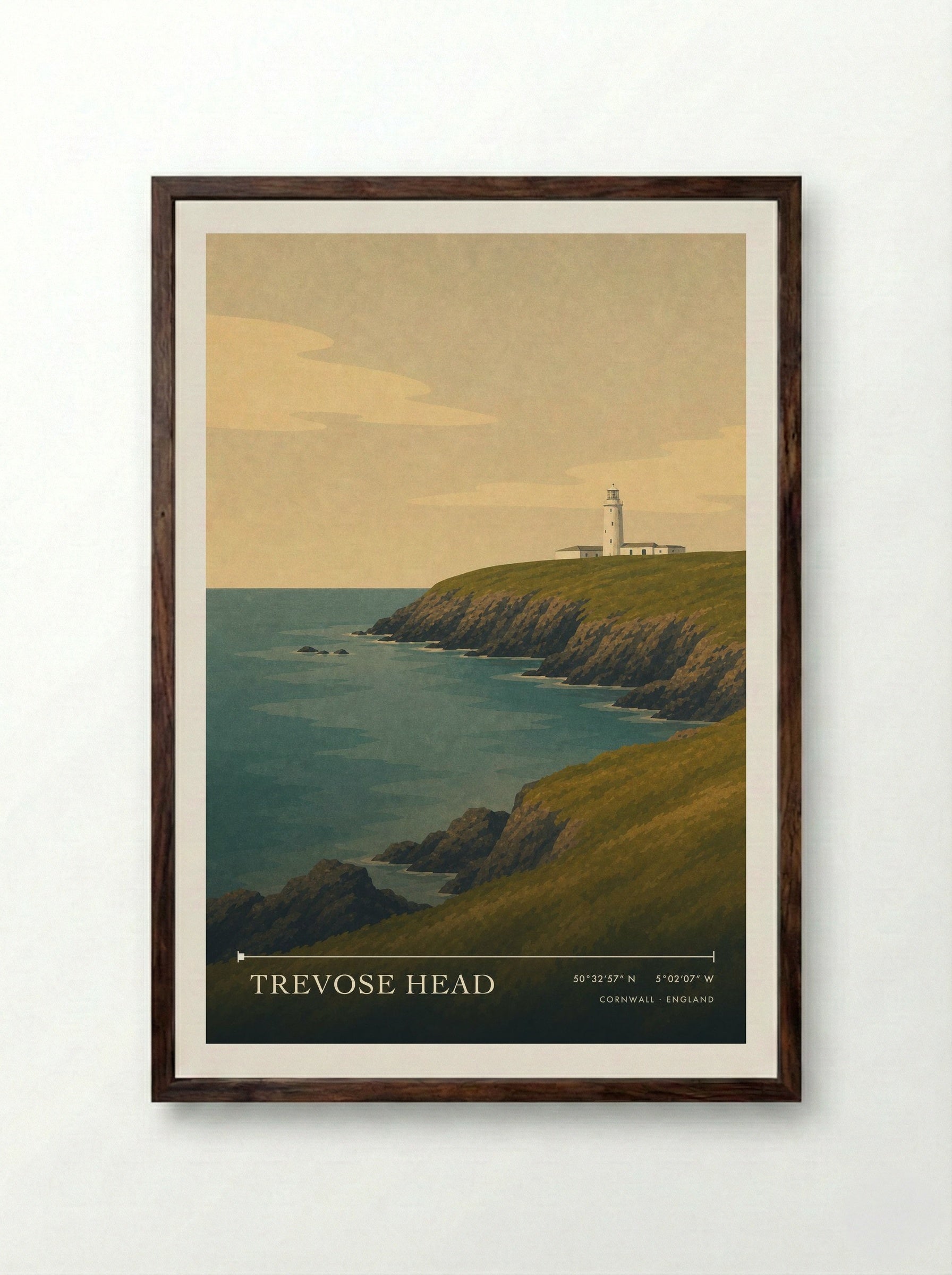 Trevose Head Cornwall England Travel Poster - Framed Print Dark Wood