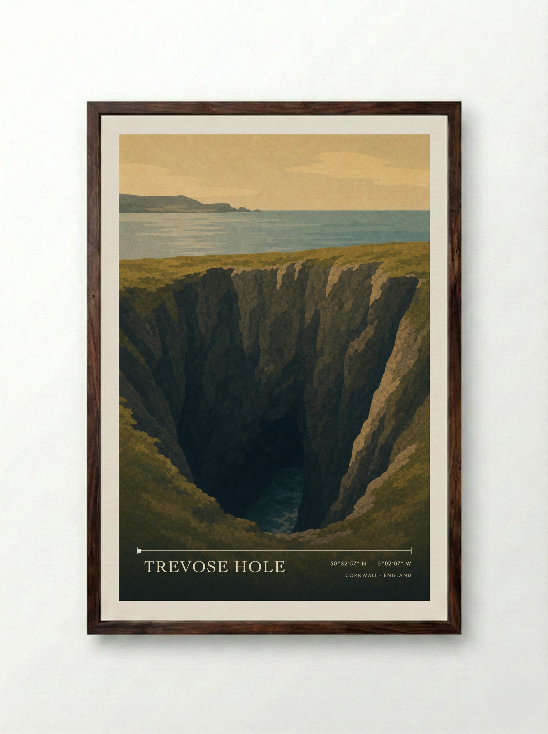 Trevose Hole Cornwall England Travel Poster - Framed Print Dark Wood