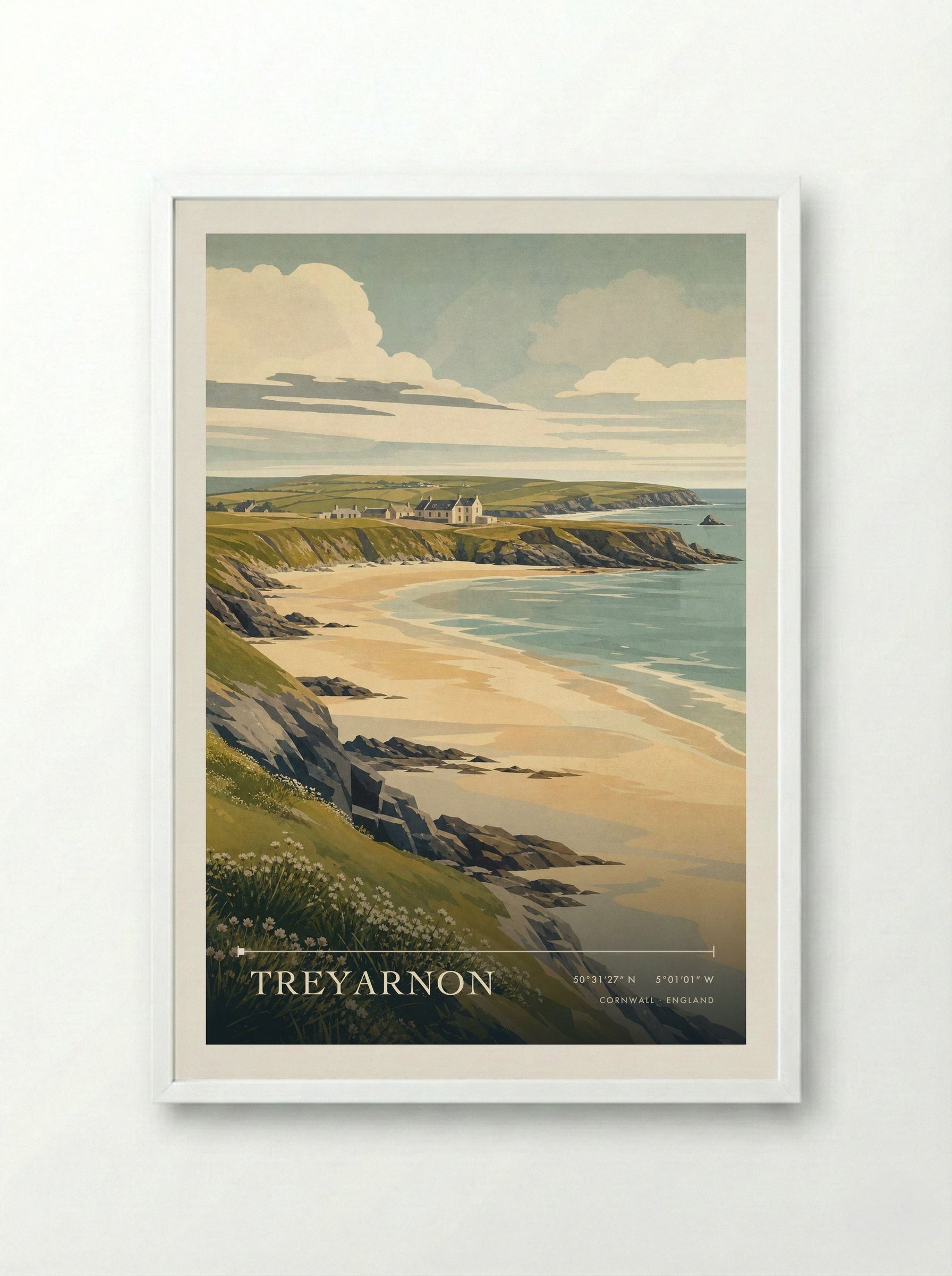 Treyarnon Cornwall England Travel Poster - Framed Print White