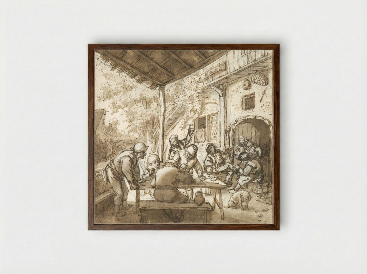 Tric Trac Players under an Arbor - Adriaen van Ostade - Framed Print Dark Wood