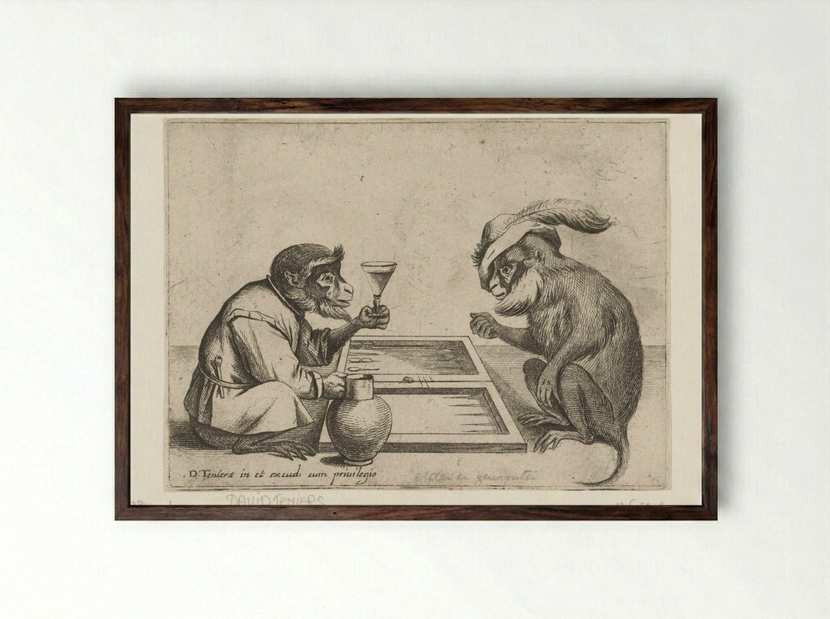 Tric-trac spelende apen - Quirin Boel - Framed Print Dark Wood