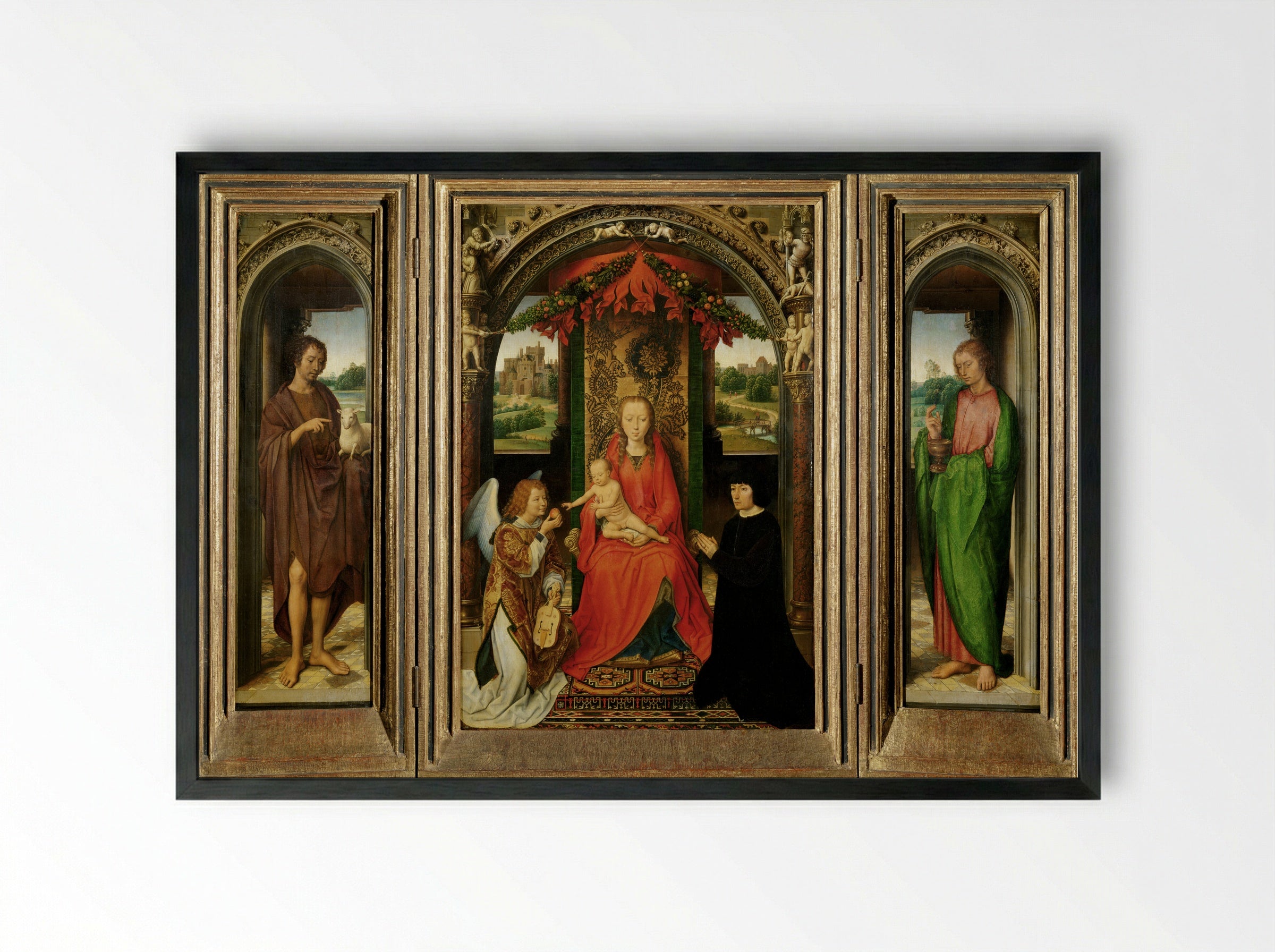 Triptych of St. John the Baptist and St. John the Evangelist - Hans Memling - Framed Print Black