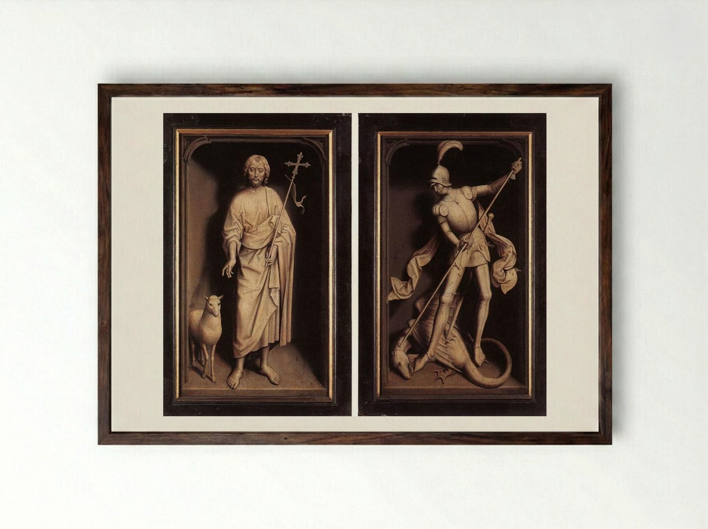 Triptych of the Family Moreel (closed shutters) - Hans Memling - Framed Print Dark Wood
